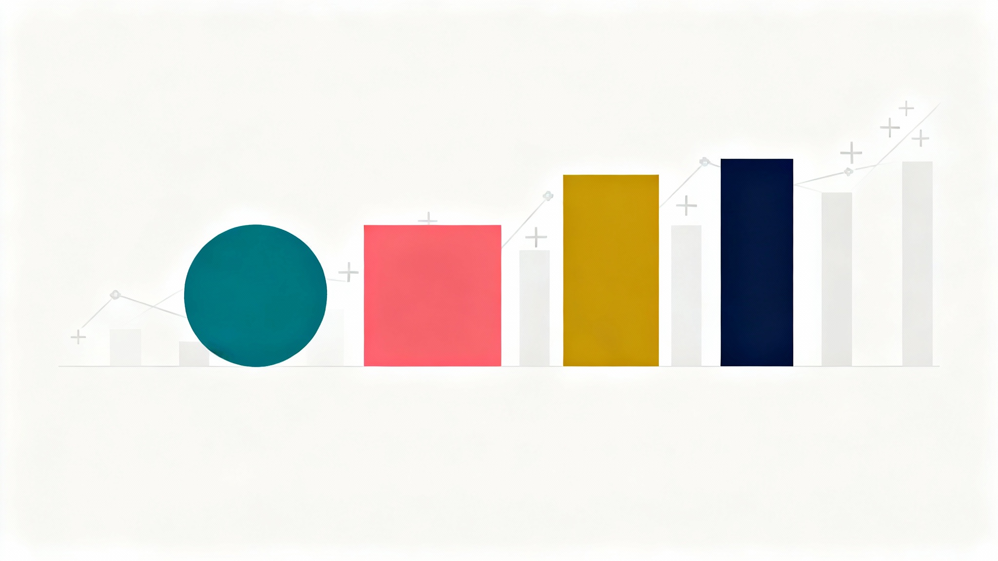 A minimalist mockup of an infographic color palette, showing geometric shapes in teal, coral, yellow, and navy blue against a clean white background, representing professional data visualization.