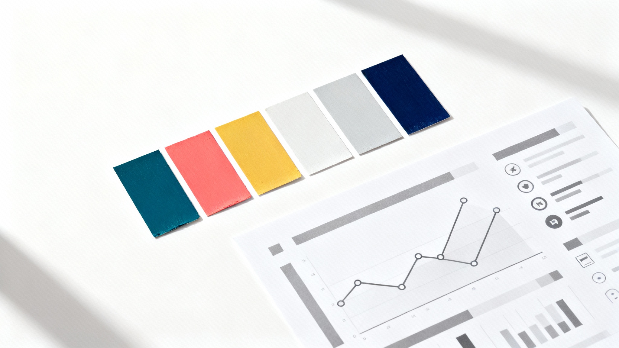 A flat lay image showing a modern color palette with swatches of teal, coral, and ochre next to a grayscale infographic design, all on a clean white background.