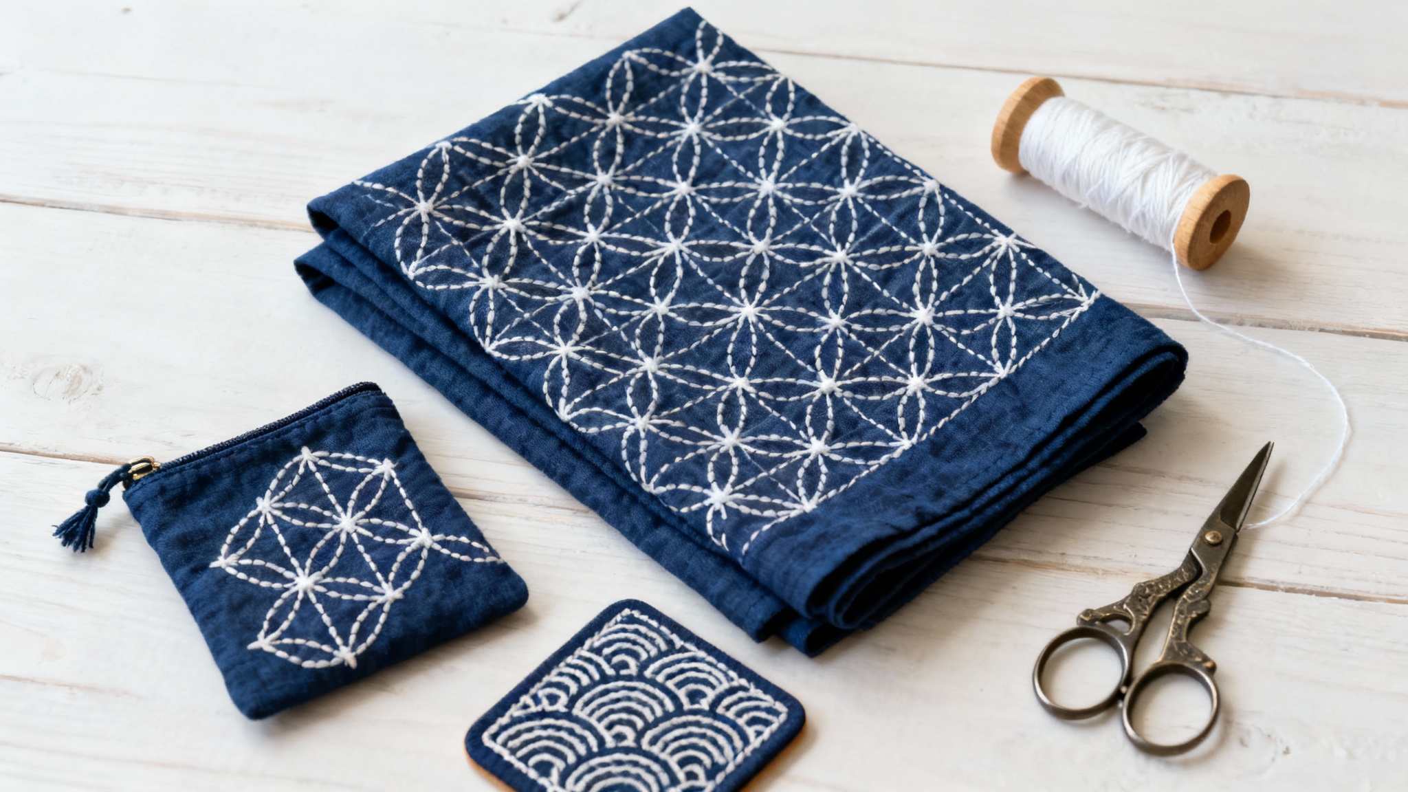 A flat lay photo of several finished Sashiko embroidery projects on a light wooden table, including a folded piece of indigo fabric with a geometric pattern, a small pouch, and a coaster, all stitched with white thread.
