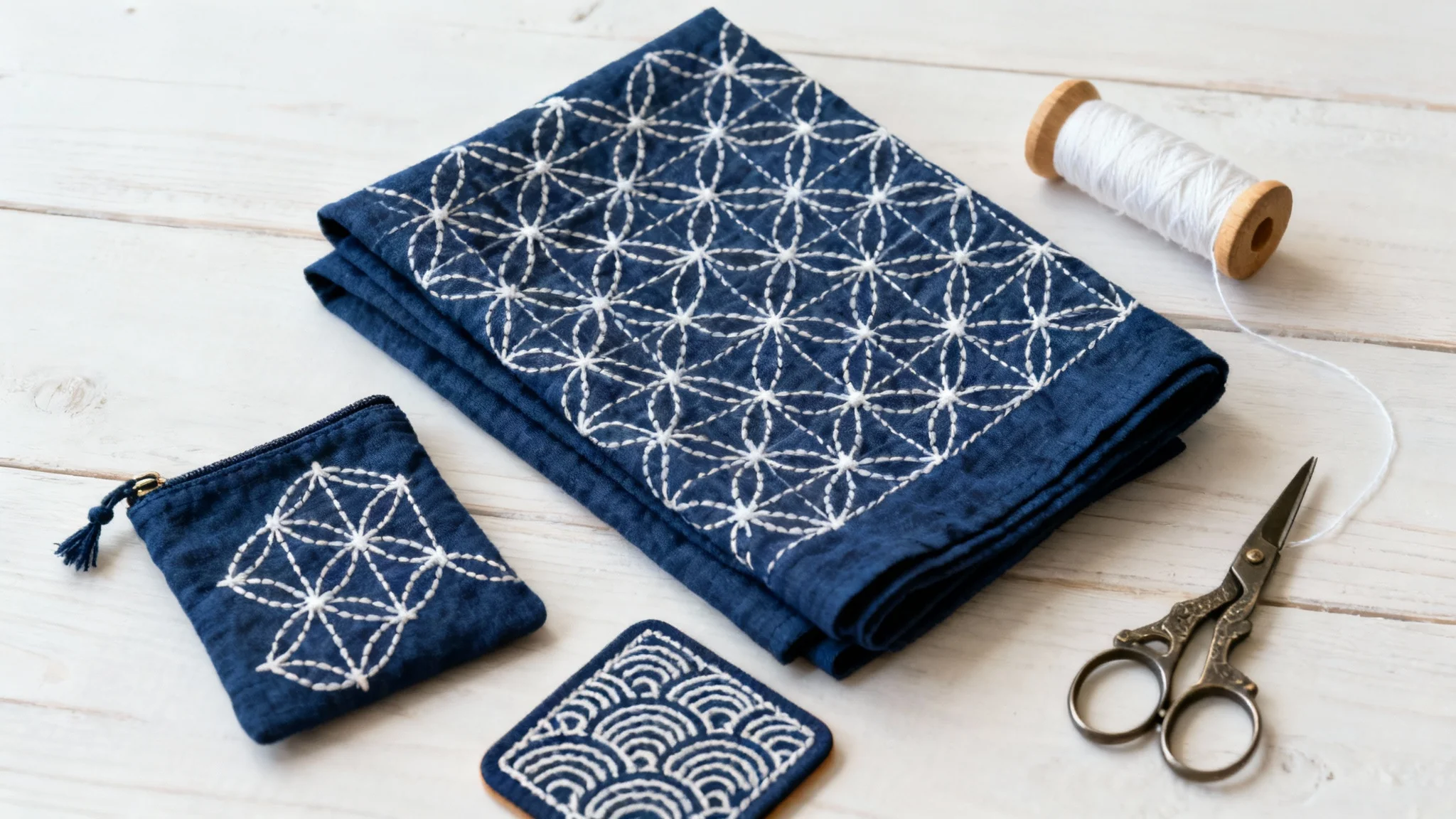 A flat lay photo of several finished Sashiko embroidery projects on a light wooden table, including a folded piece of indigo fabric with a geometric pattern, a small pouch, and a coaster, all stitched with white thread.