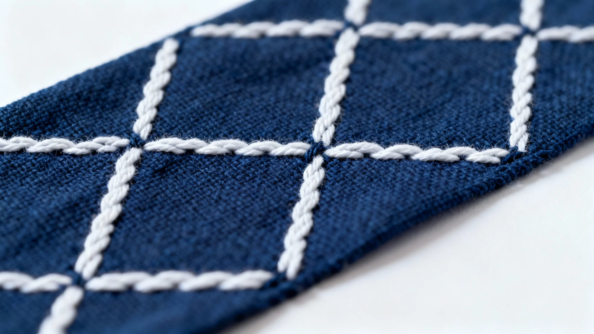 A close-up, top-down view of a traditional Japanese sashiko embroidery pattern on a piece of dark indigo fabric, featuring intricate geometric designs stitched in white thread, set against a plain white background.