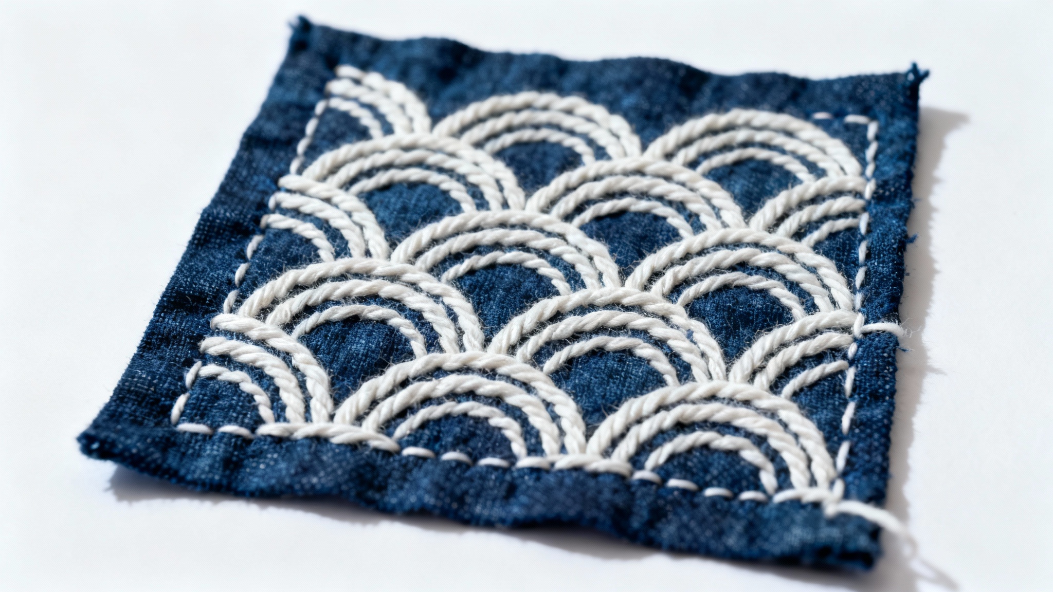 A detailed close-up of a traditional Sashiko embroidery, showing a white geometric wave pattern stitched onto dark indigo fabric, set against a plain white background.