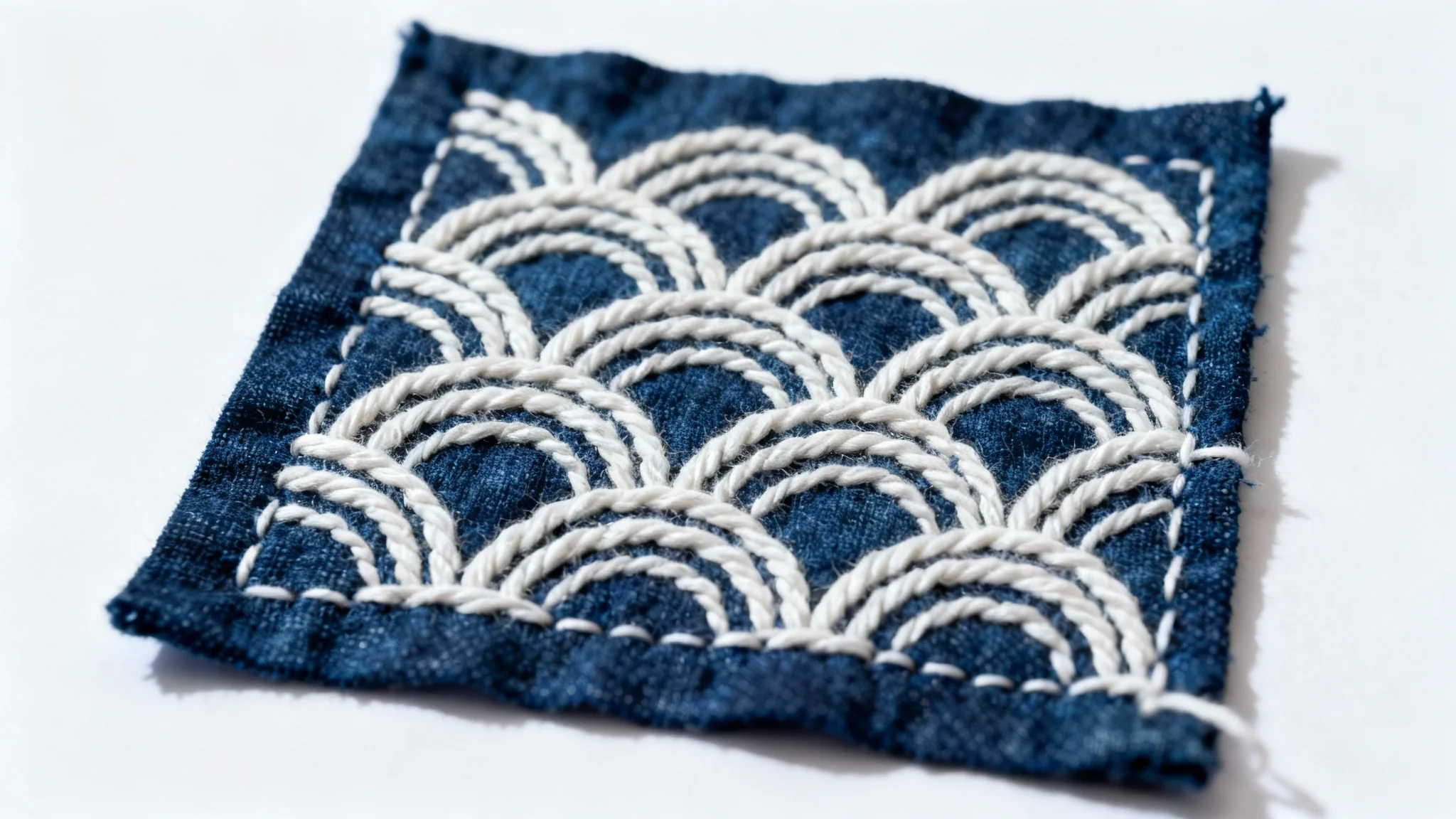A detailed close-up of a traditional Sashiko embroidery, showing a white geometric wave pattern stitched onto dark indigo fabric, set against a plain white background.