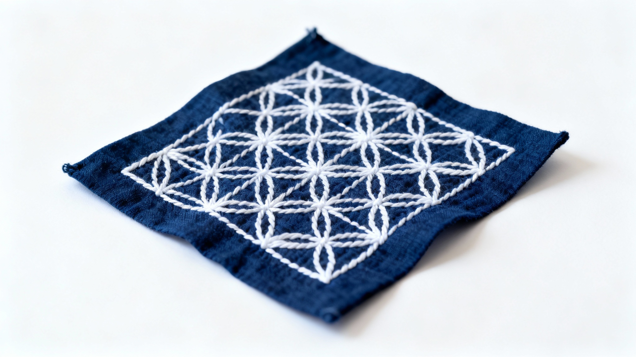 A close-up, top-down view of a traditional Japanese sashiko pattern. An intricate geometric design is stitched in thick white thread onto a deep indigo blue fabric, all set against a clean white background.