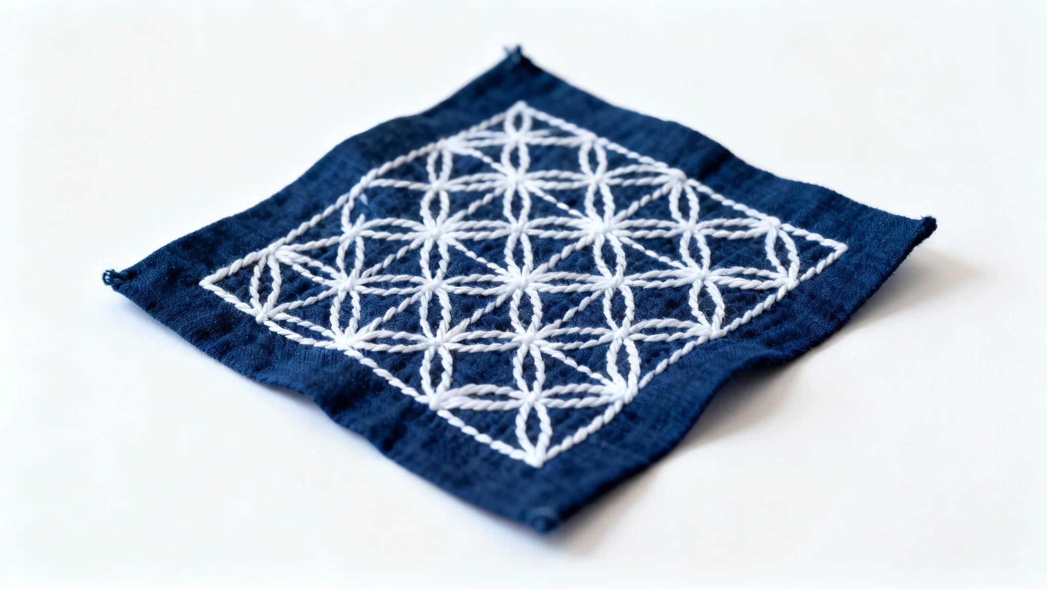 A close-up, top-down view of a traditional Japanese sashiko pattern. An intricate geometric design is stitched in thick white thread onto a deep indigo blue fabric, all set against a clean white background.