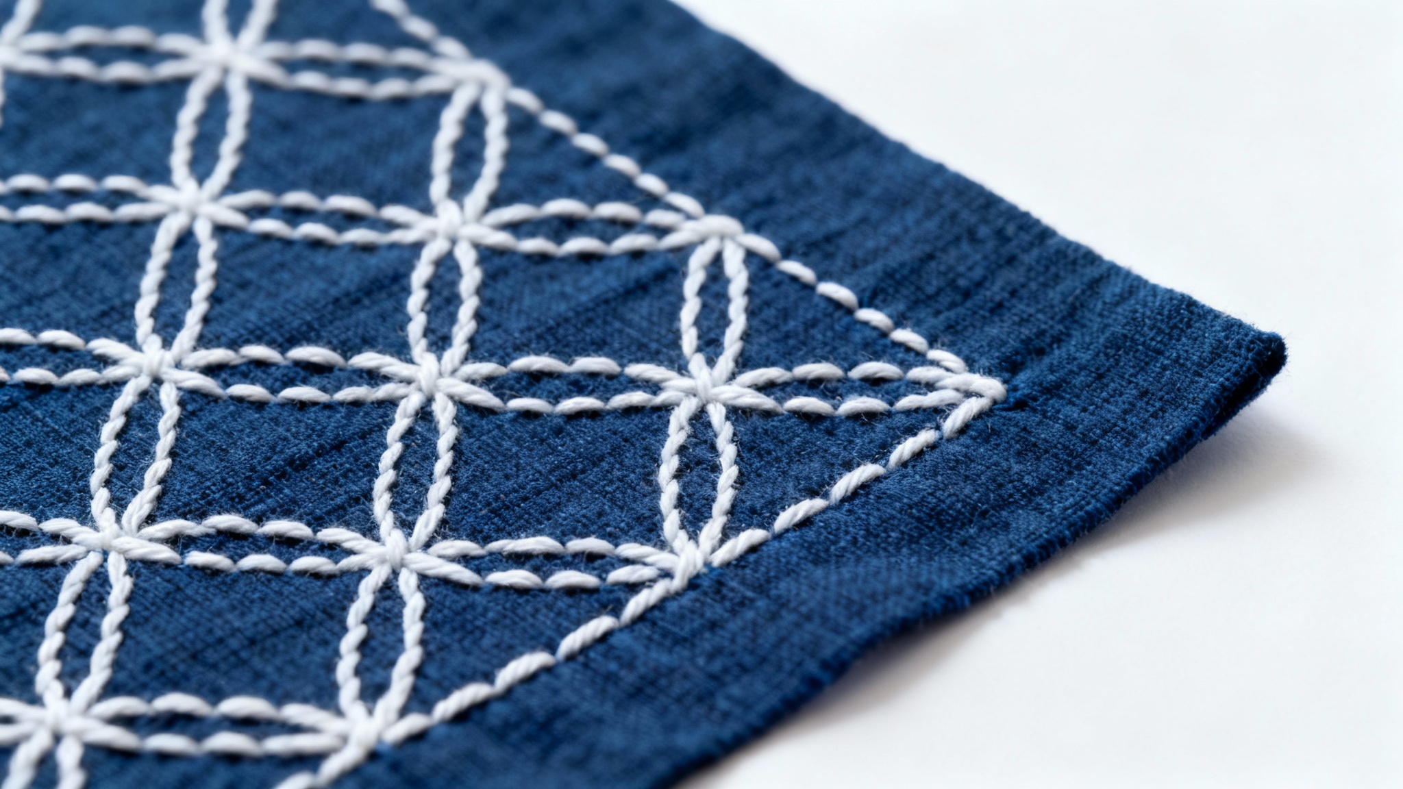 A detailed, close-up photograph of a traditional Japanese sashiko pattern, with precise white stitching creating a geometric design on a deep indigo blue fabric, isolated on a white background.
