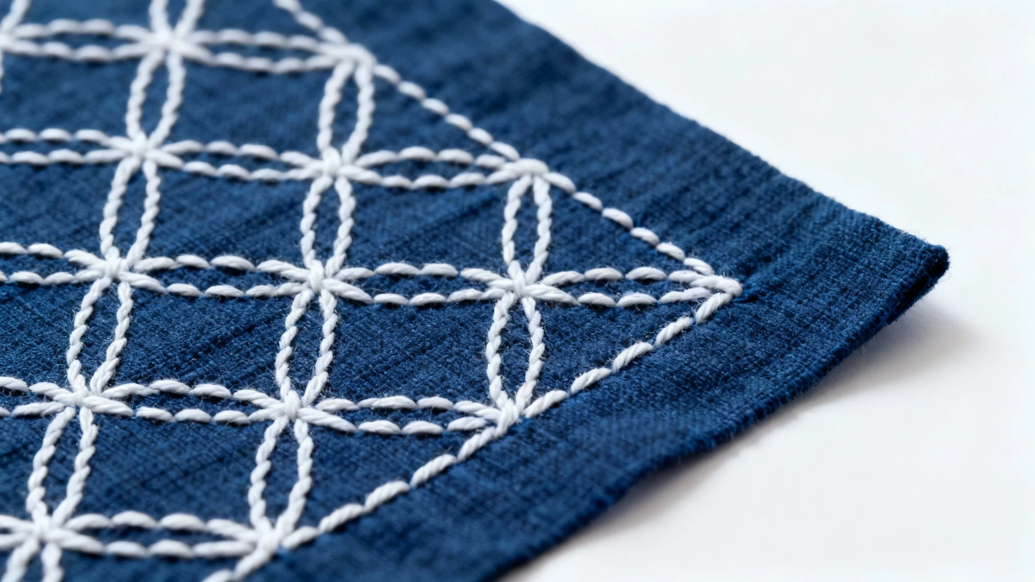 A detailed, close-up photograph of a traditional Japanese sashiko pattern, with precise white stitching creating a geometric design on a deep indigo blue fabric, isolated on a white background.