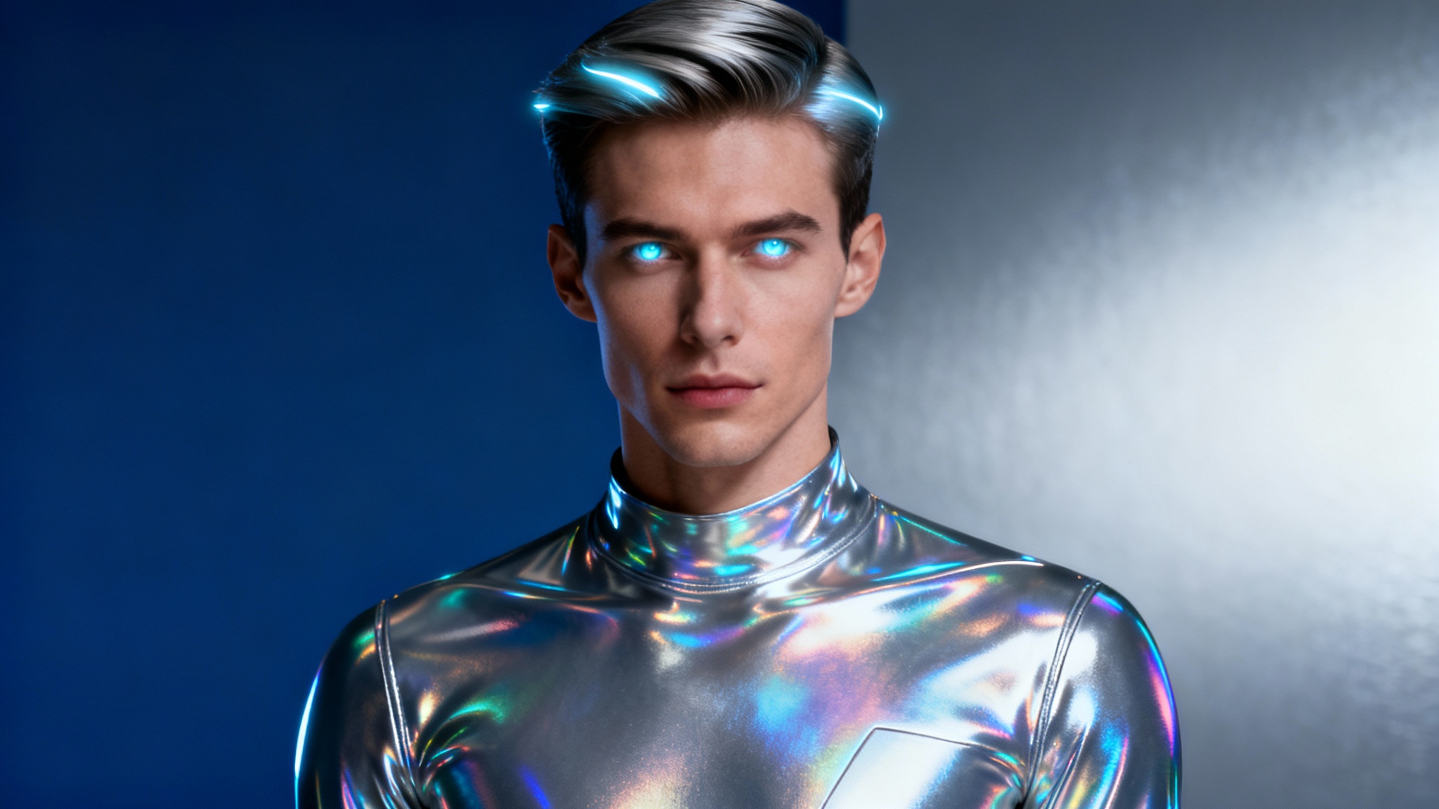A photorealistic hero image of an AI-generated futuristic male model with metallic skin and glowing eyes, posing in high-tech fashion against a blue and silver gradient background.