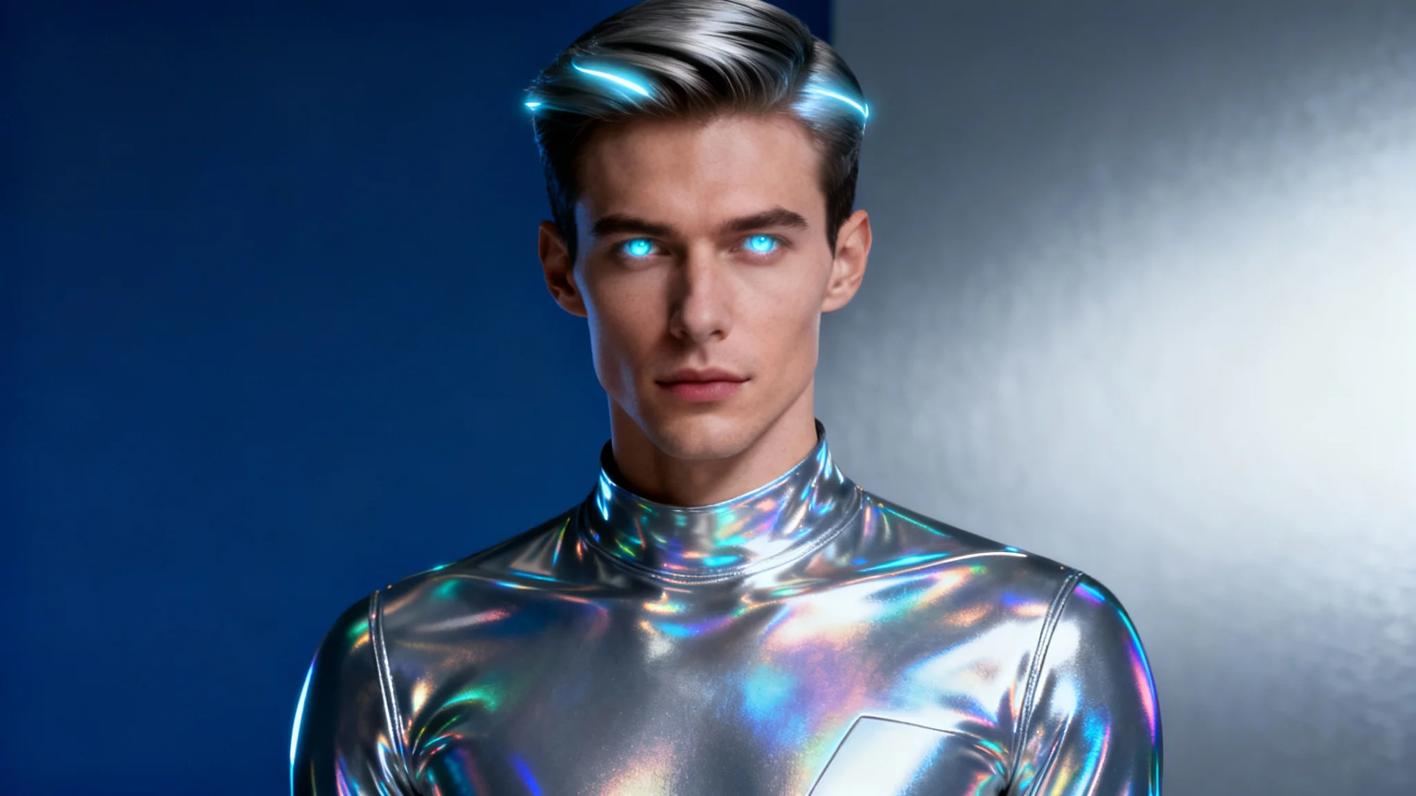 A photorealistic hero image of an AI-generated futuristic male model with metallic skin and glowing eyes, posing in high-tech fashion against a blue and silver gradient background.