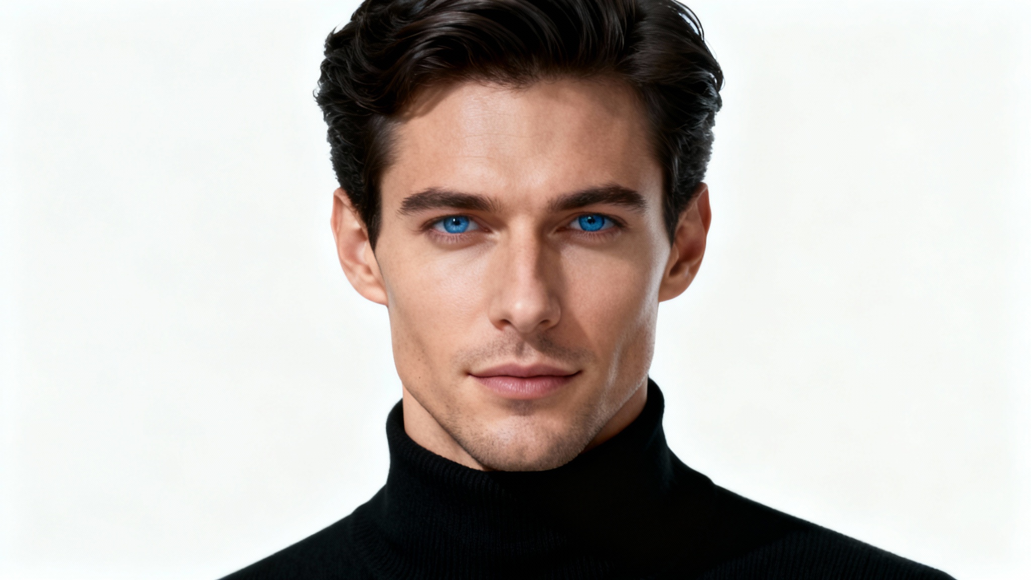 A photorealistic portrait of a handsome male model with dark hair and blue eyes, wearing a black turtleneck against a solid white background, representing an AI-generated model.