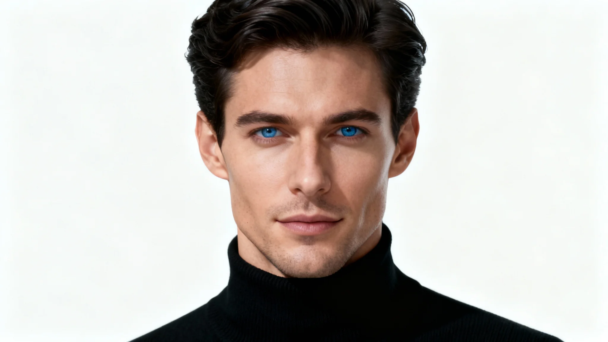 A photorealistic portrait of a handsome male model with dark hair and blue eyes, wearing a black turtleneck against a solid white background, representing an AI-generated model.