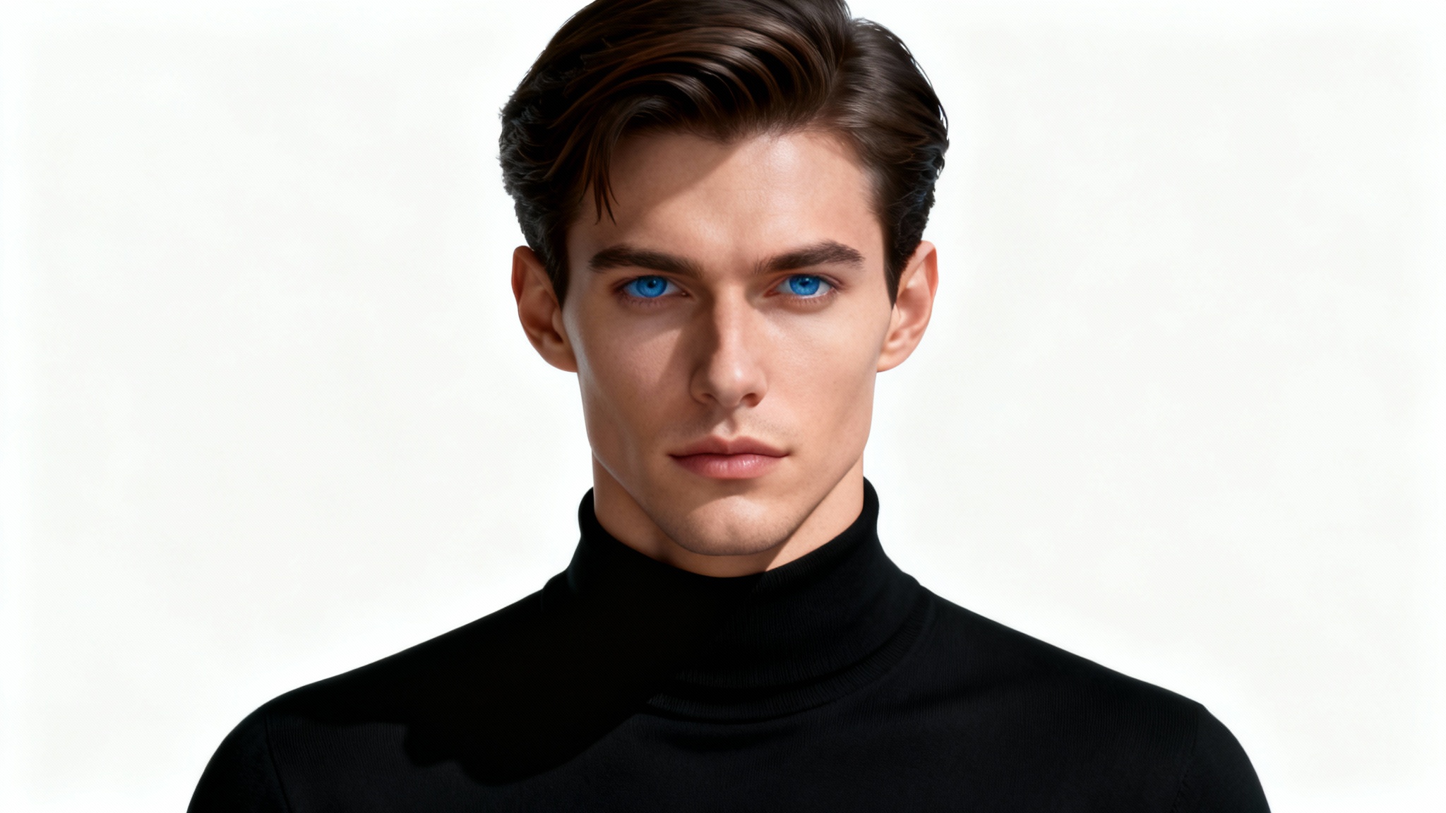 A photorealistic studio portrait of a handsome AI-generated male model with flawless skin and intense blue eyes, wearing a black turtleneck against a solid white background.