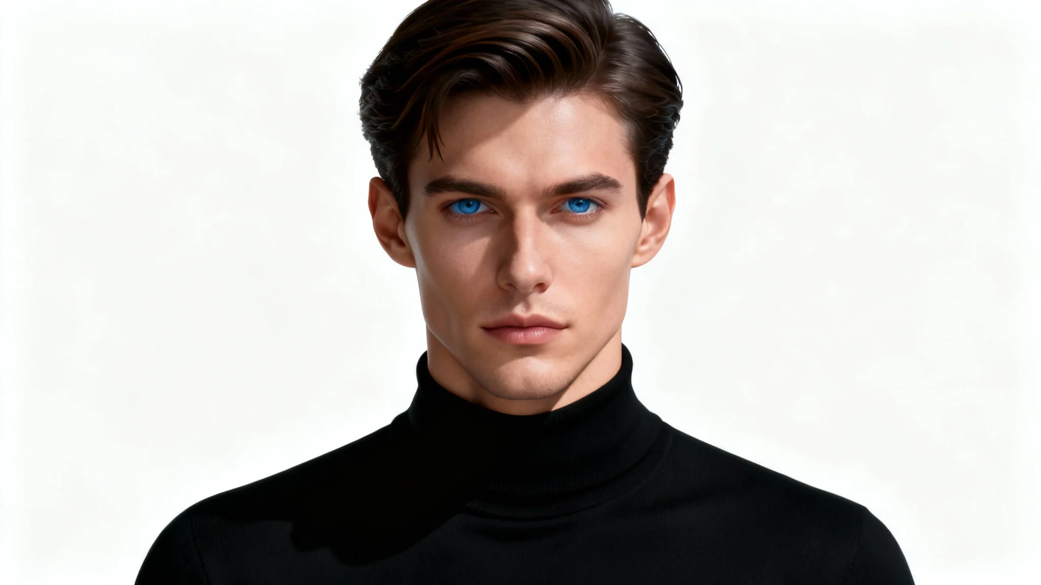 A photorealistic studio portrait of a handsome AI-generated male model with flawless skin and intense blue eyes, wearing a black turtleneck against a solid white background.