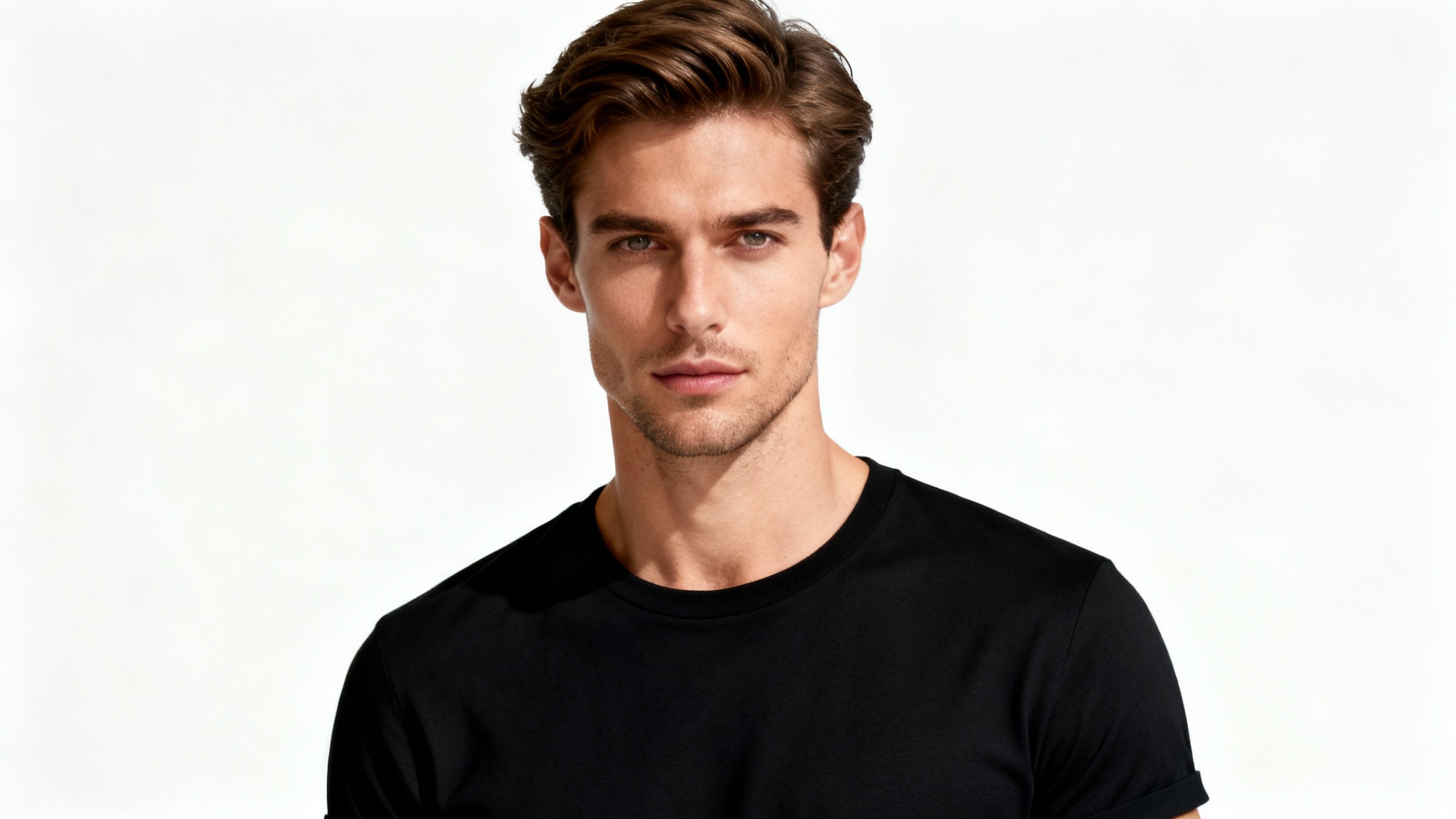 A photorealistic image of a handsome male model in a black t-shirt, posing against a stark white background in a professional studio setting, representing an AI-generated model.
