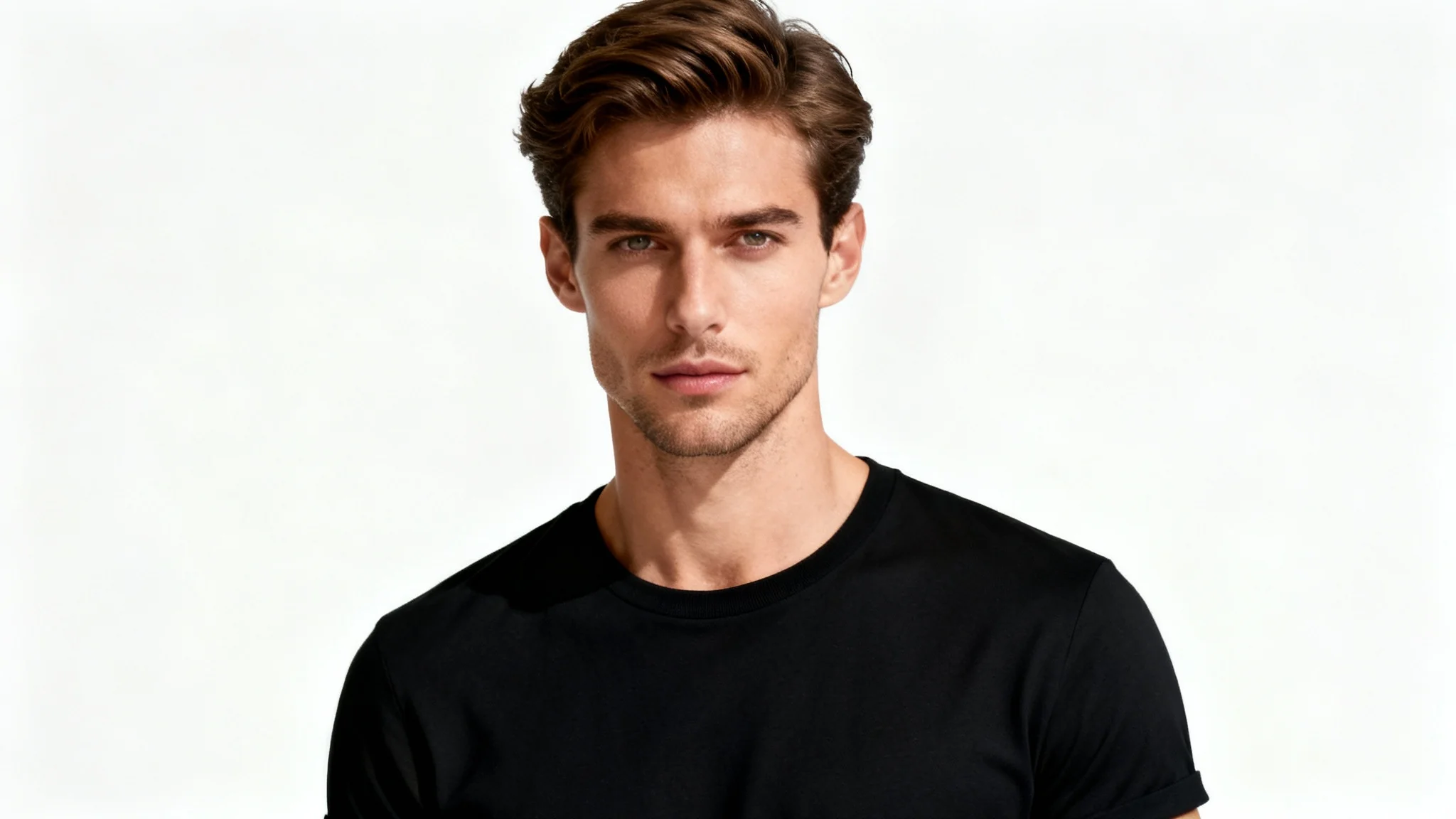 A photorealistic image of a handsome male model in a black t-shirt, posing against a stark white background in a professional studio setting, representing an AI-generated model.