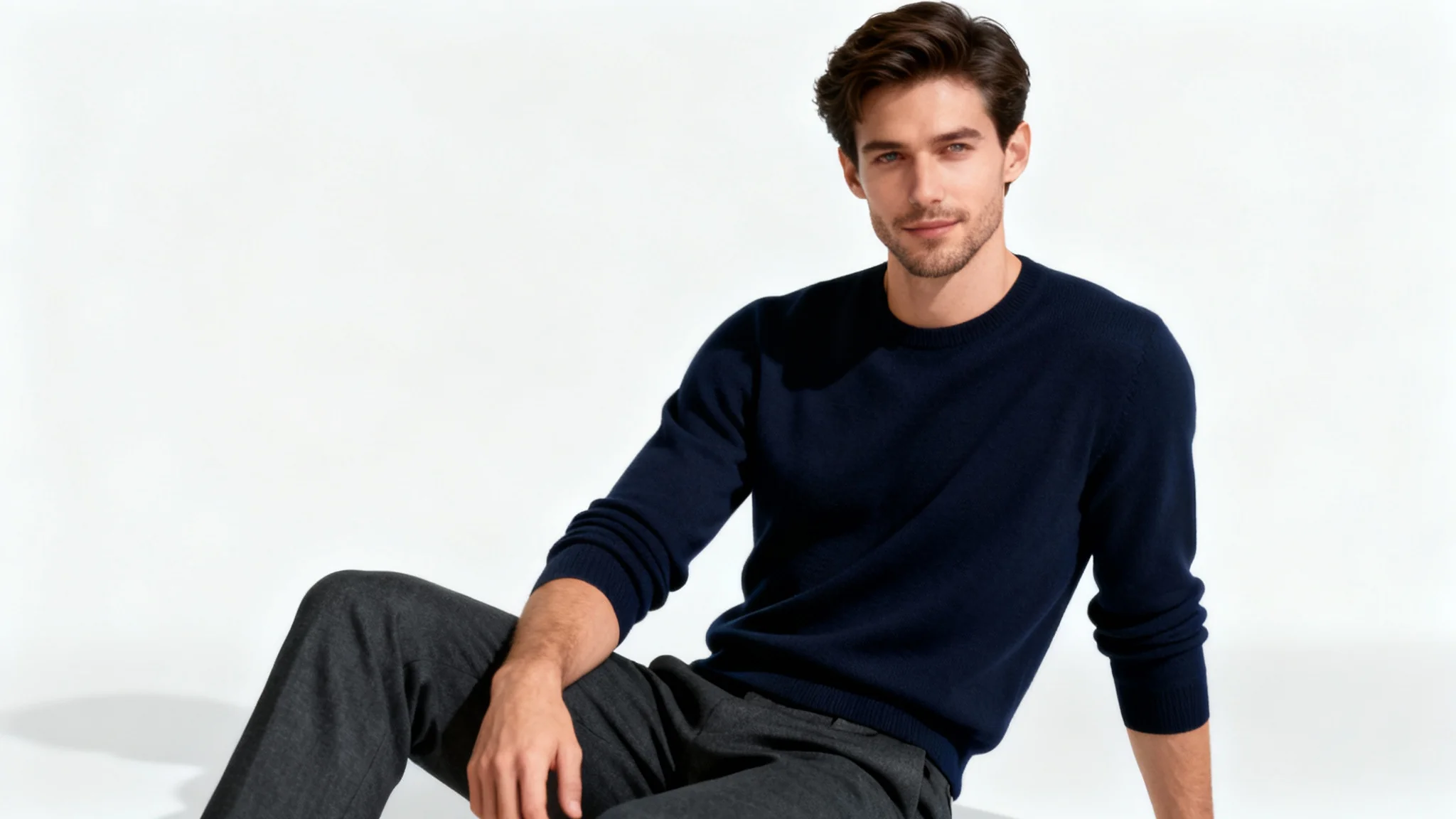 A photorealistic portrait of a handsome male model with dark hair, wearing a navy blue sweater and posing confidently against a solid white background.