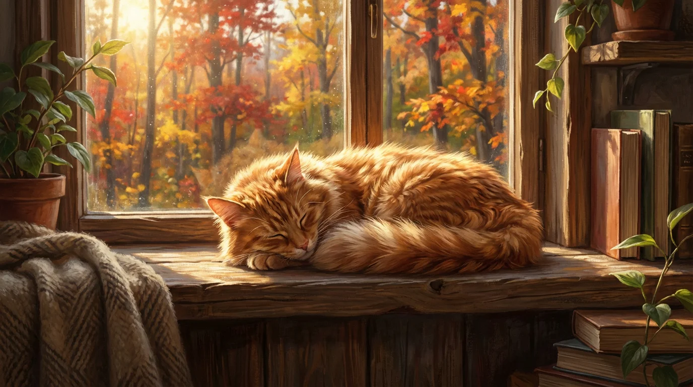 A hyper-realistic digital painting showing a fluffy orange tabby cat relaxing on a windowsill, with a colorful autumn scene visible outside the window.
