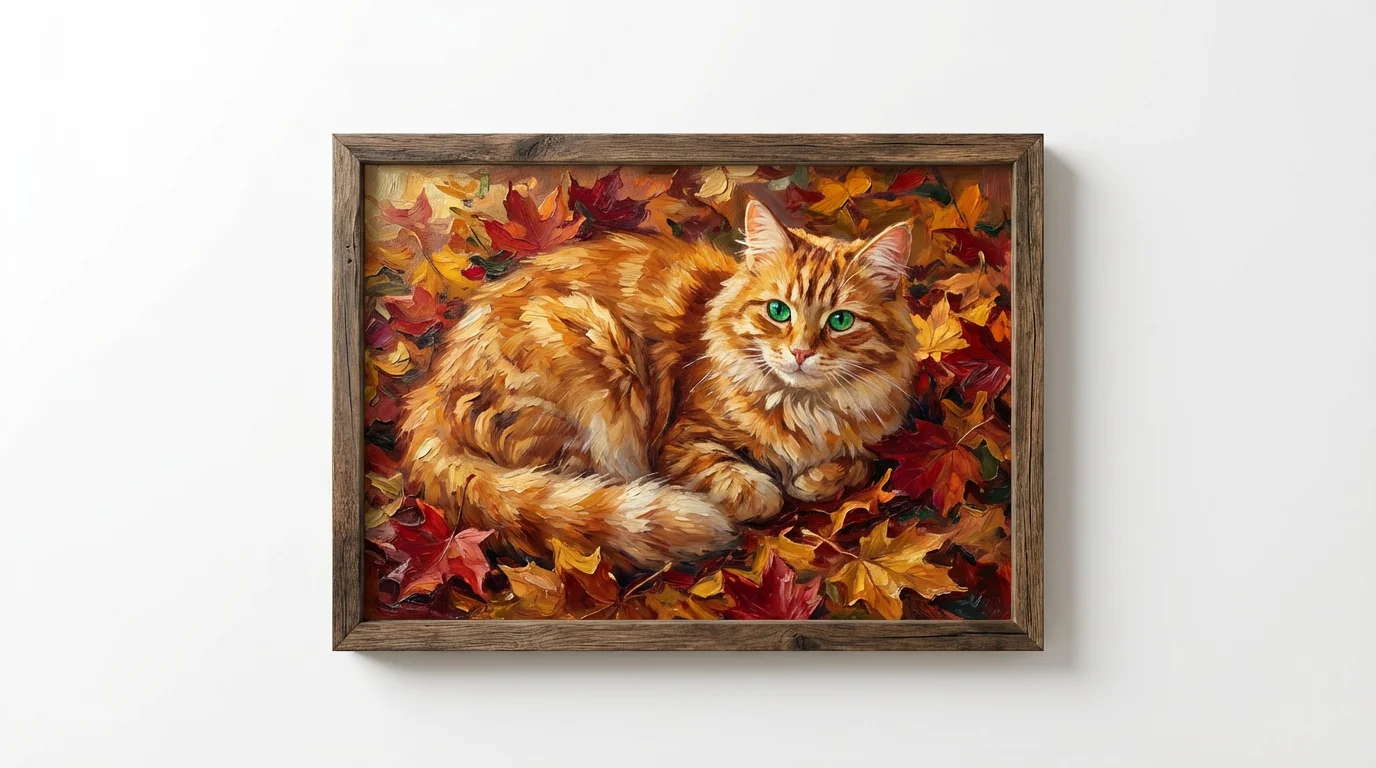 A detailed oil painting of a ginger tabby cat sitting amongst colorful red and orange autumn leaves, presented as a mockup on a white background.