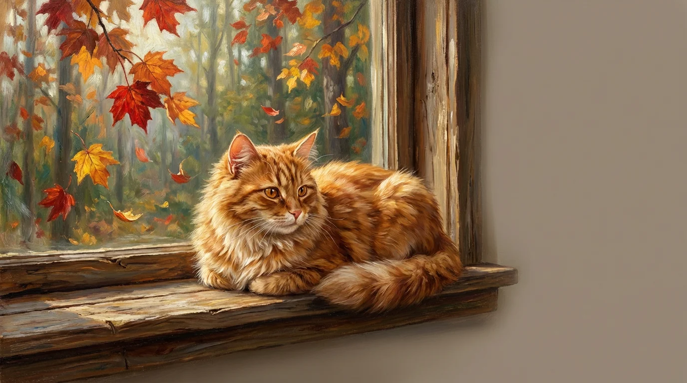 An oil painting of a fluffy ginger cat sitting on a windowsill, looking out at falling autumn leaves. The scene is cozy and bathed in warm, golden light.