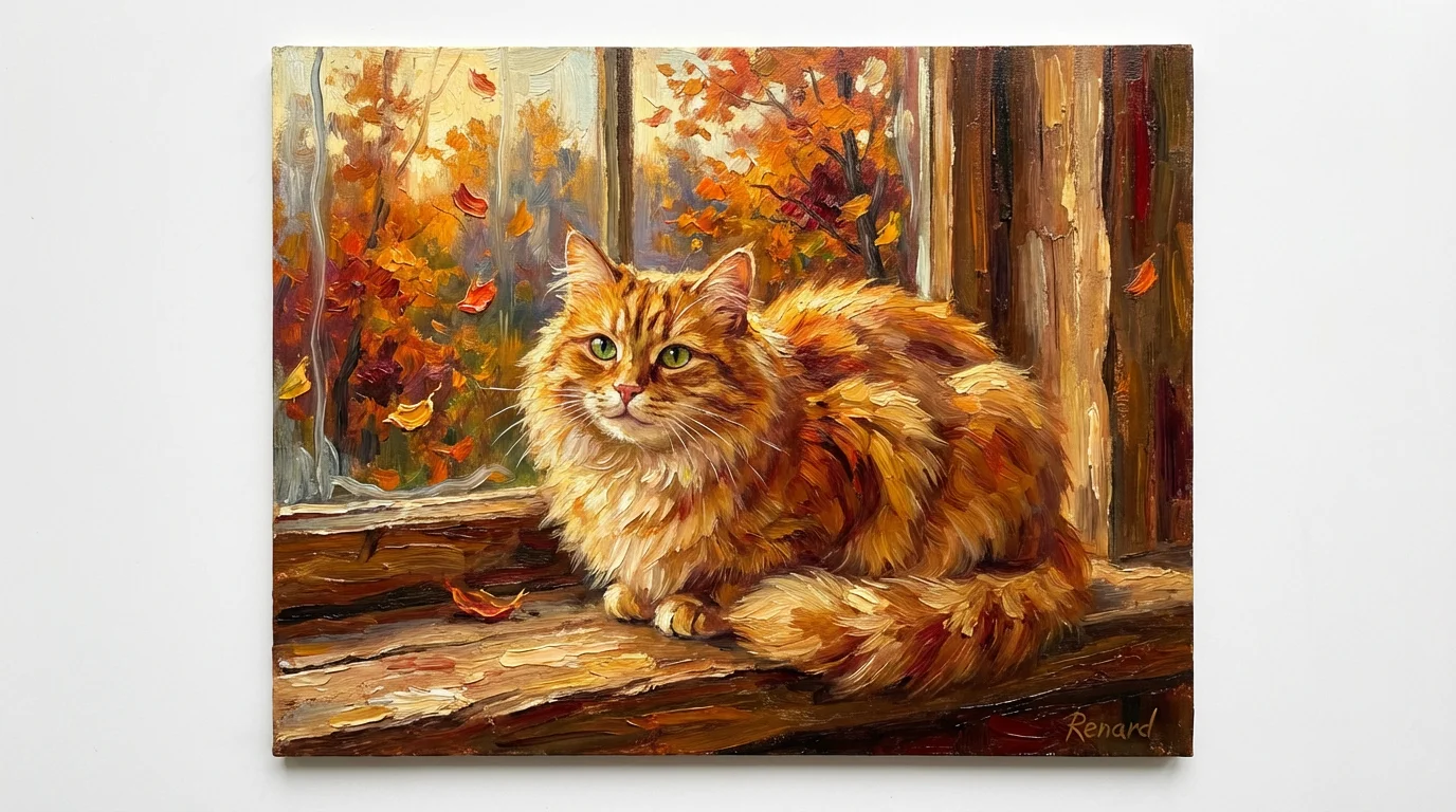 An impressionistic oil painting of a fluffy ginger cat sitting on a windowsill and looking out at a colorful autumn forest during golden hour.