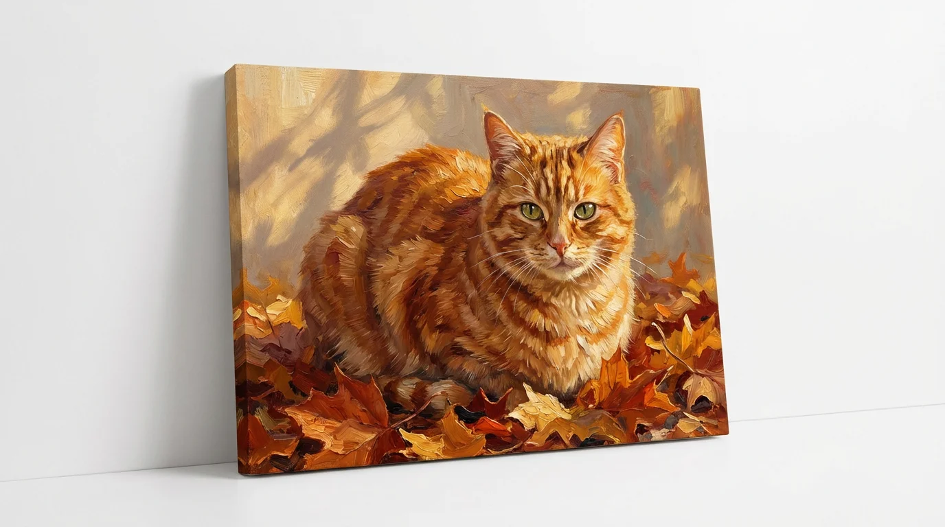 An oil painting of a fluffy ginger cat with green eyes, sitting peacefully in a pile of colorful red and orange autumn leaves, presented against a stark white background.
