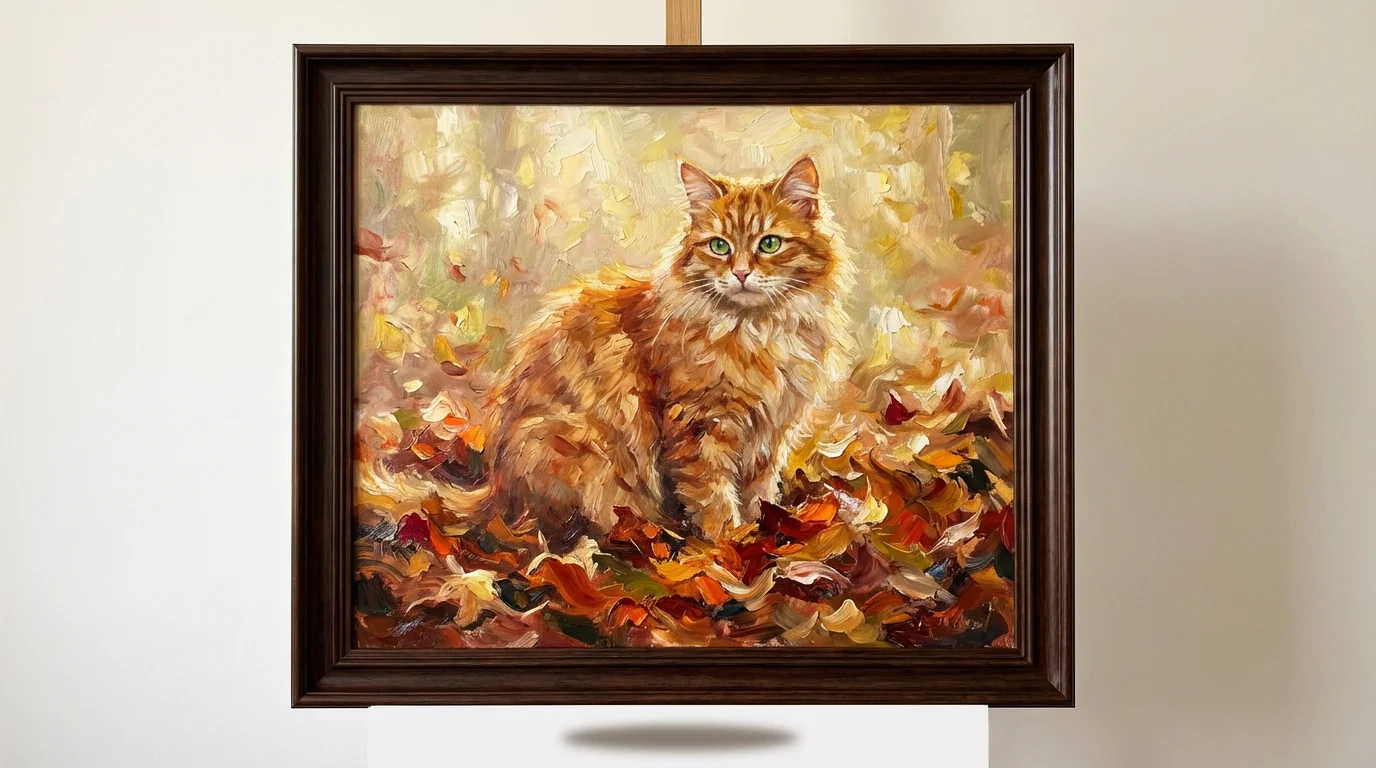 An artistic oil painting of a fluffy ginger cat with green eyes sitting in a pile of colorful autumn leaves, presented as a mockup on a white background.