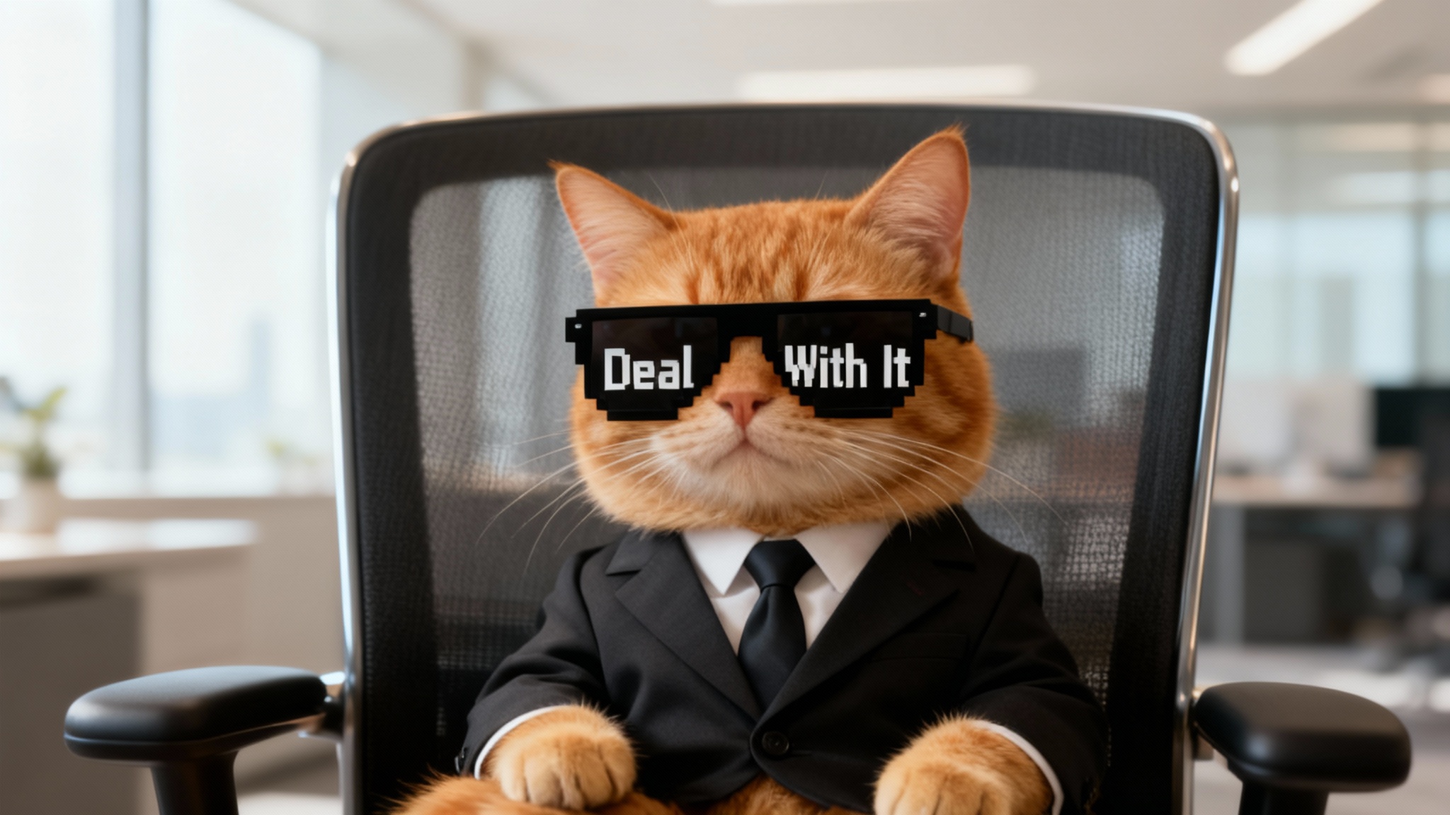 A cool ginger cat in a business suit wears pixelated 'Deal With It' sunglasses while sitting in an office chair, representing a popular internet meme.