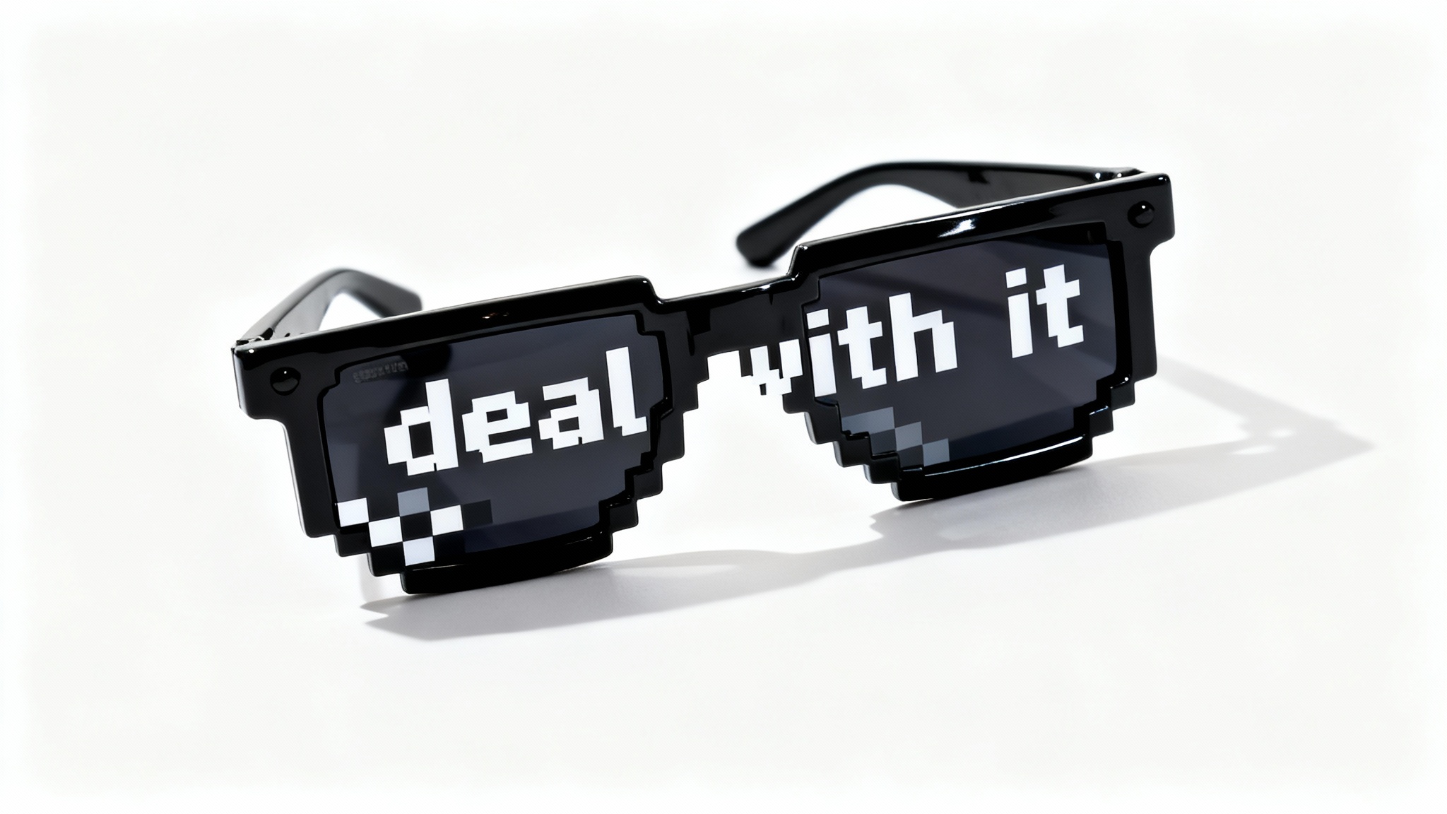 A high-quality product shot of the iconic black pixelated 'deal with it' sunglasses, angled on a plain white background.