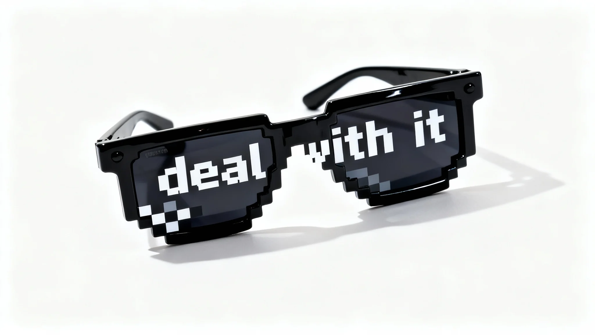 A high-quality product shot of the iconic black pixelated 'deal with it' sunglasses, angled on a plain white background.