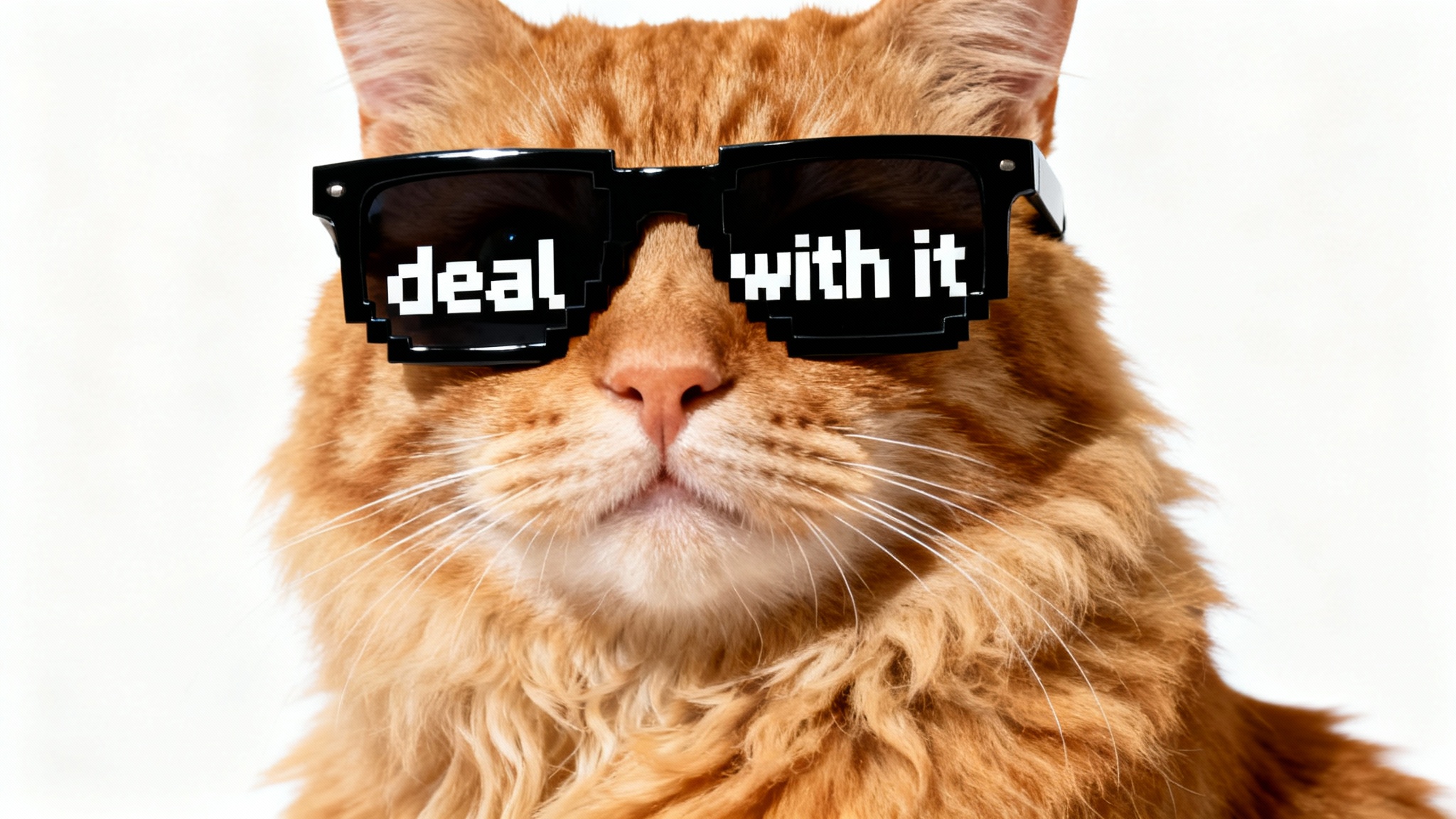 A close-up studio shot of a confident ginger cat wearing iconic pixelated 'deal with it' sunglasses against a clean white background.