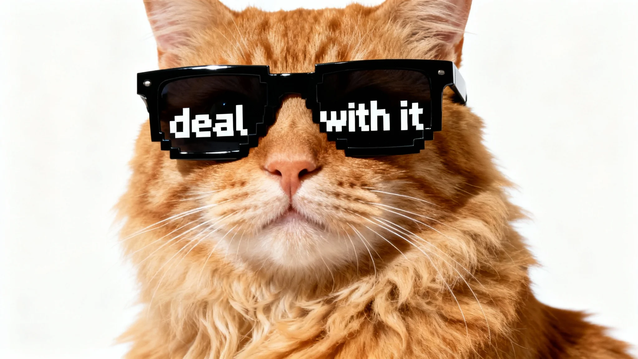 A close-up studio shot of a confident ginger cat wearing iconic pixelated 'deal with it' sunglasses against a clean white background.