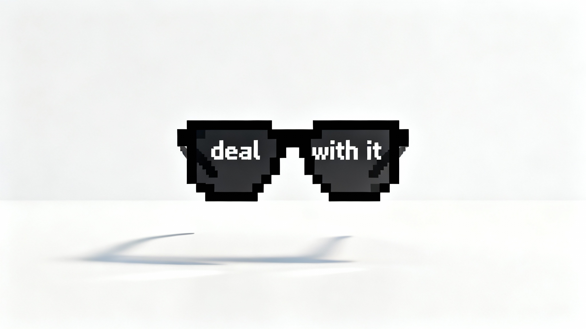 A pair of iconic pixelated black 'deal with it' sunglasses floating against a plain white background in a product mockup style.