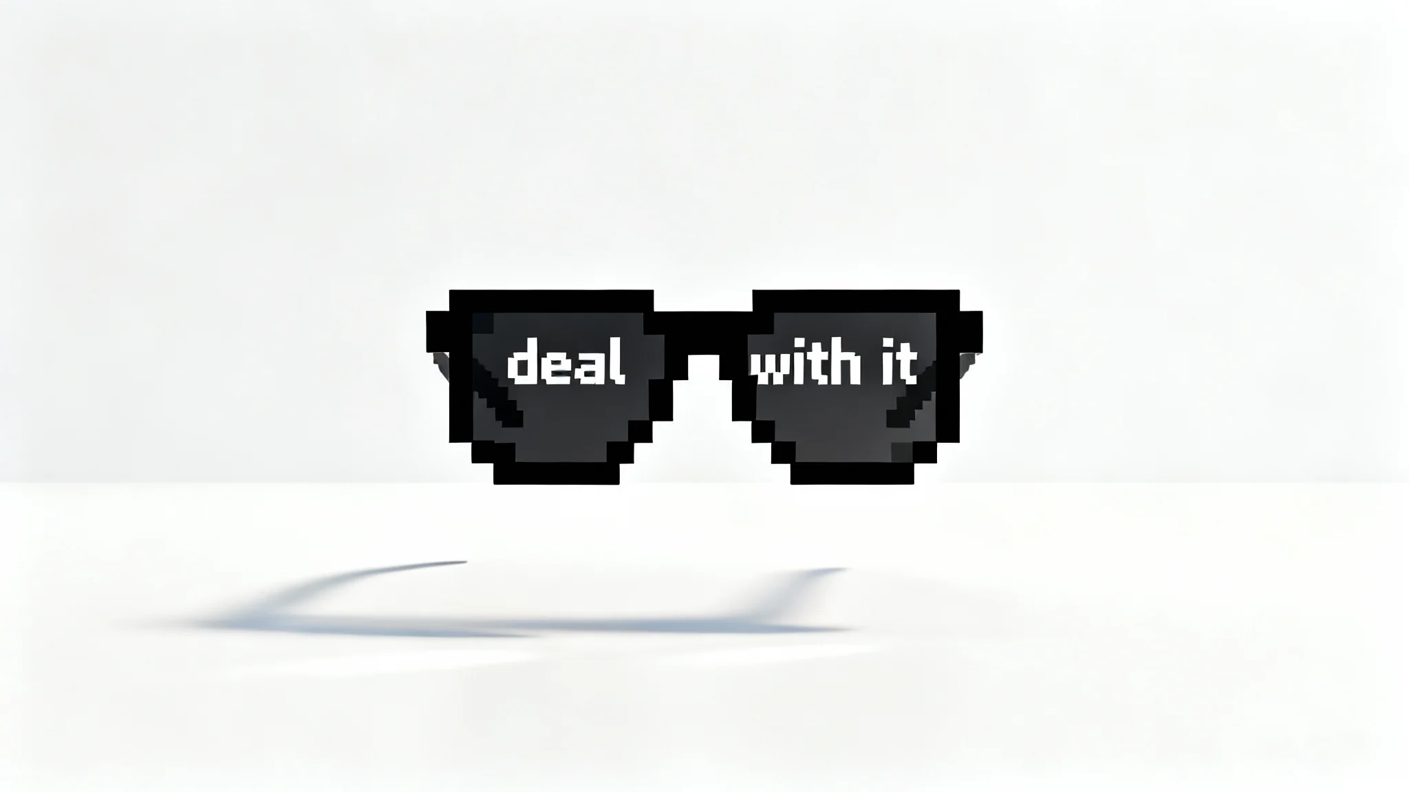 A pair of iconic pixelated black 'deal with it' sunglasses floating against a plain white background in a product mockup style.