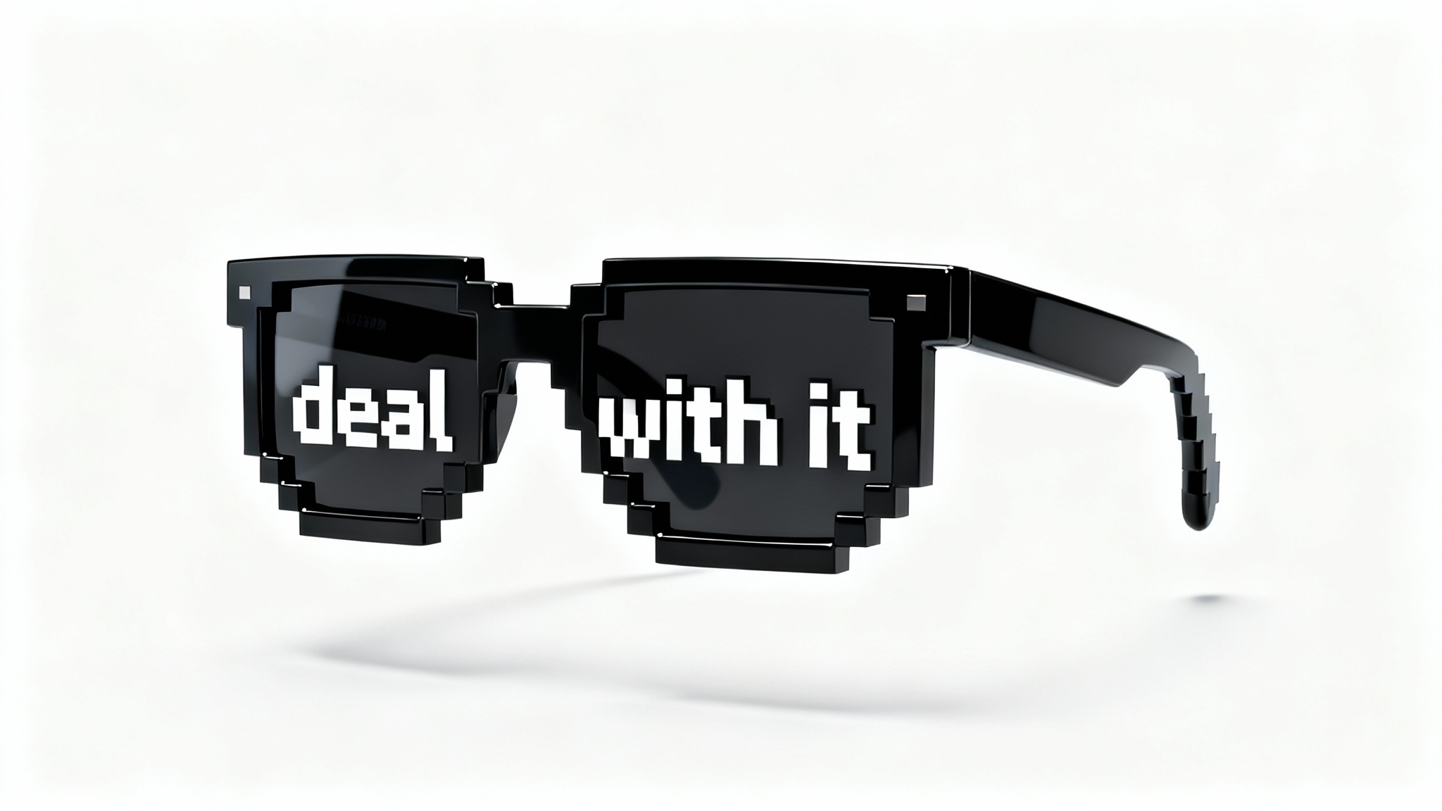 A photorealistic mockup of a pair of black, pixelated 'deal with it' sunglasses floating against a plain white background.