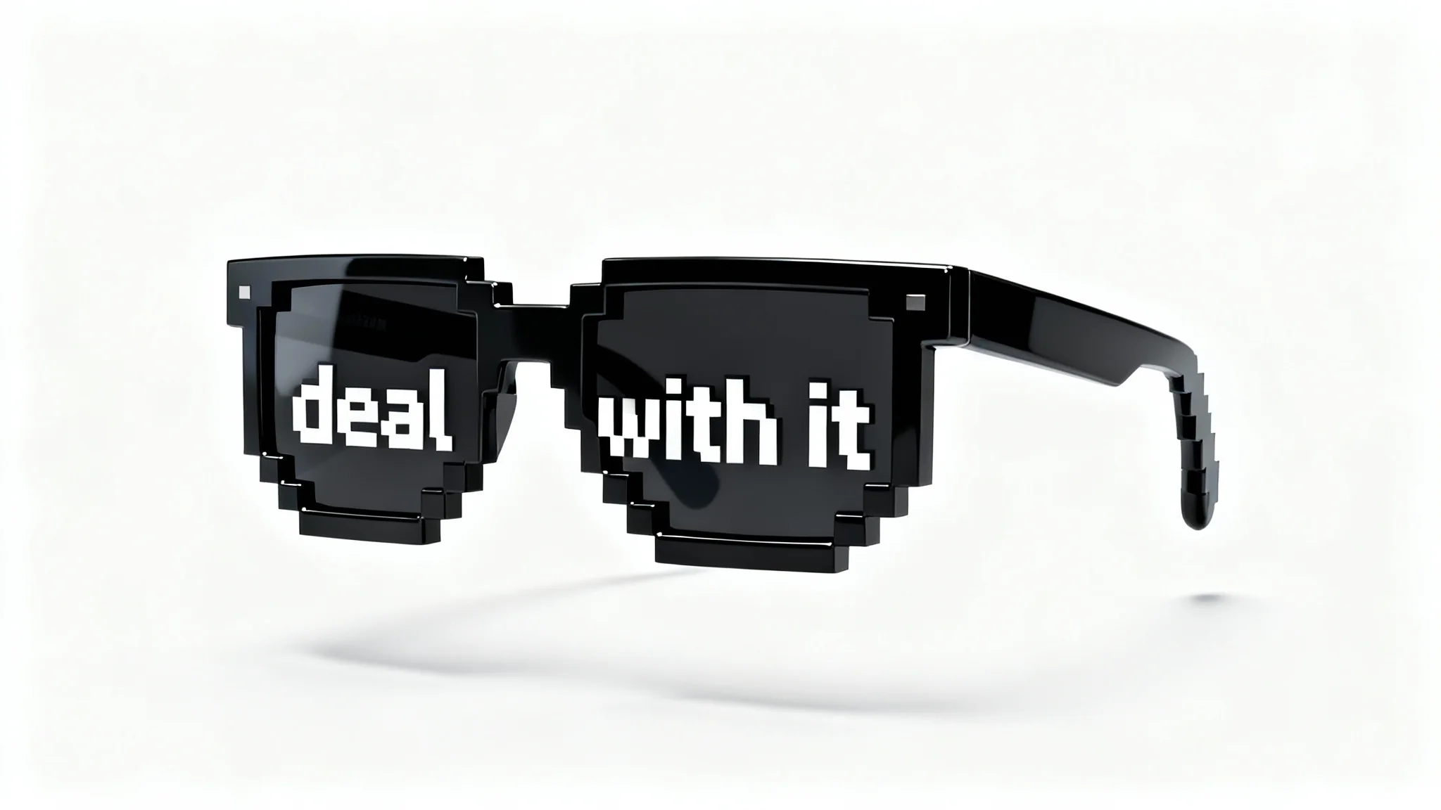 A photorealistic mockup of a pair of black, pixelated 'deal with it' sunglasses floating against a plain white background.