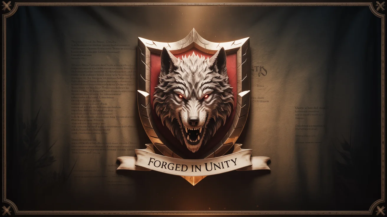 A professionally designed epic fantasy guild banner for the 'Ironwolf Clan', featuring a central crest of a snarling dire wolf with glowing red eyes, set against a dark textured background with ornate gold borders.