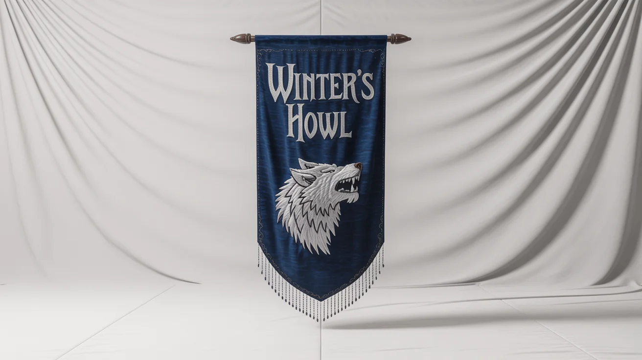 A high-quality mockup of a fantasy guild banner for a guild named 'Winter's Howl', featuring an embroidered silver wolf head on a navy blue background, against a clean white backdrop.