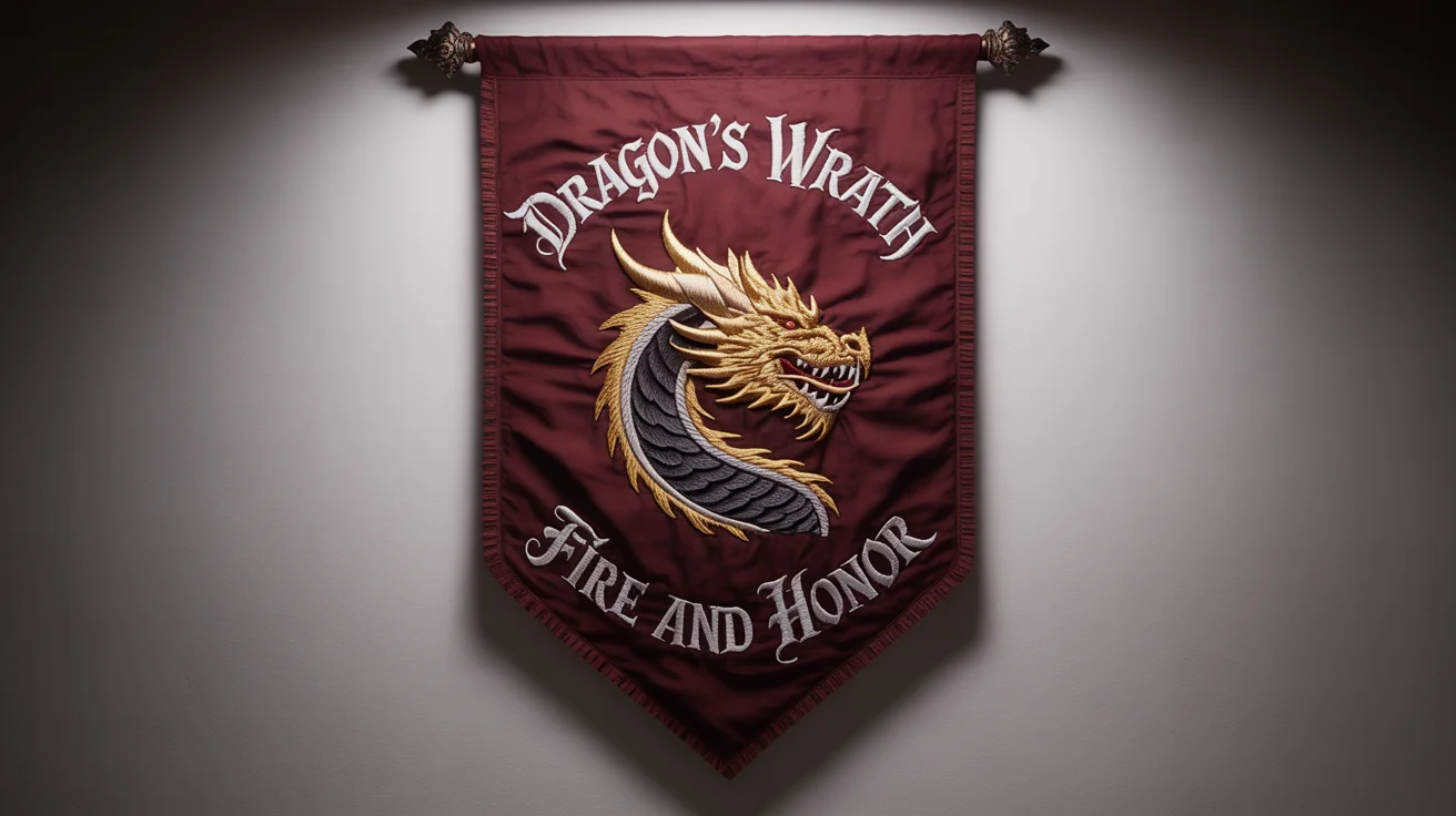 A detailed mockup of a fantasy guild banner against a white background. The crimson banner features a roaring golden dragon emblem and the legible text 'DRAGON'S WRATH' and 'FIRE AND HONOR' in silver embroidery.