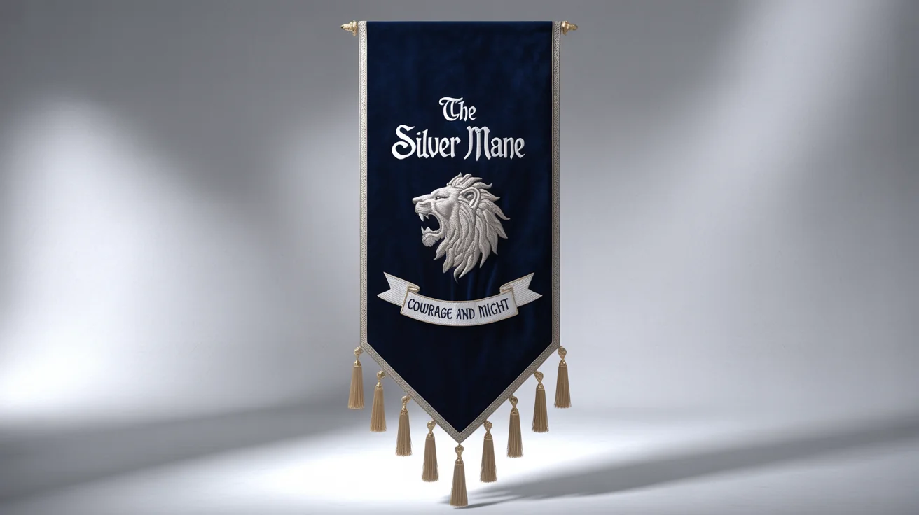 A photorealistic mockup of a vertical navy blue velvet guild banner featuring a silver embroidered lion head and the text 'THE SILVER MANE' and 'Courage and Might', on a white background.