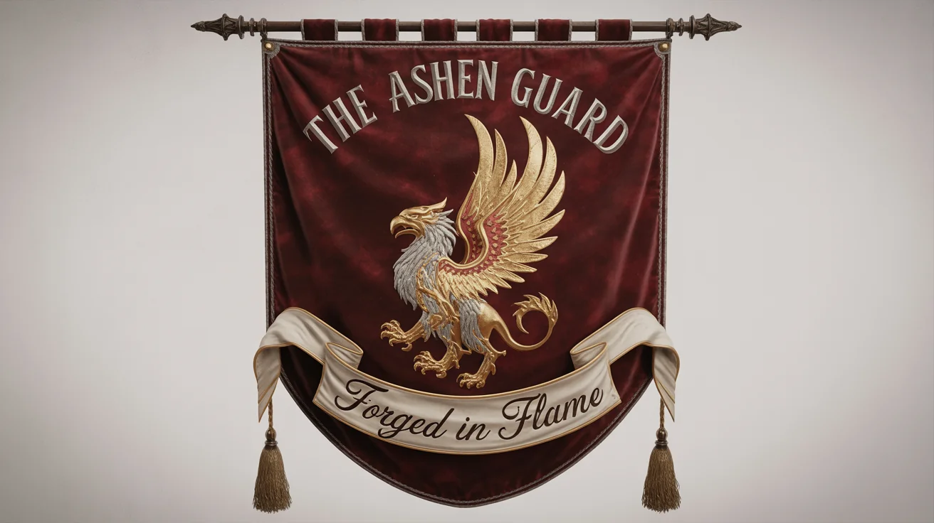A detailed fantasy guild banner for 'The Ashen Guard', featuring a golden griffin on a crimson velvet background, displayed as a mockup.