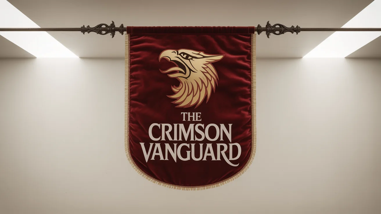 A mockup of a medieval-style guild banner in deep crimson and gold, featuring a griffin emblem and the text 'THE CRIMSON VANGUARD', set against a plain white background.