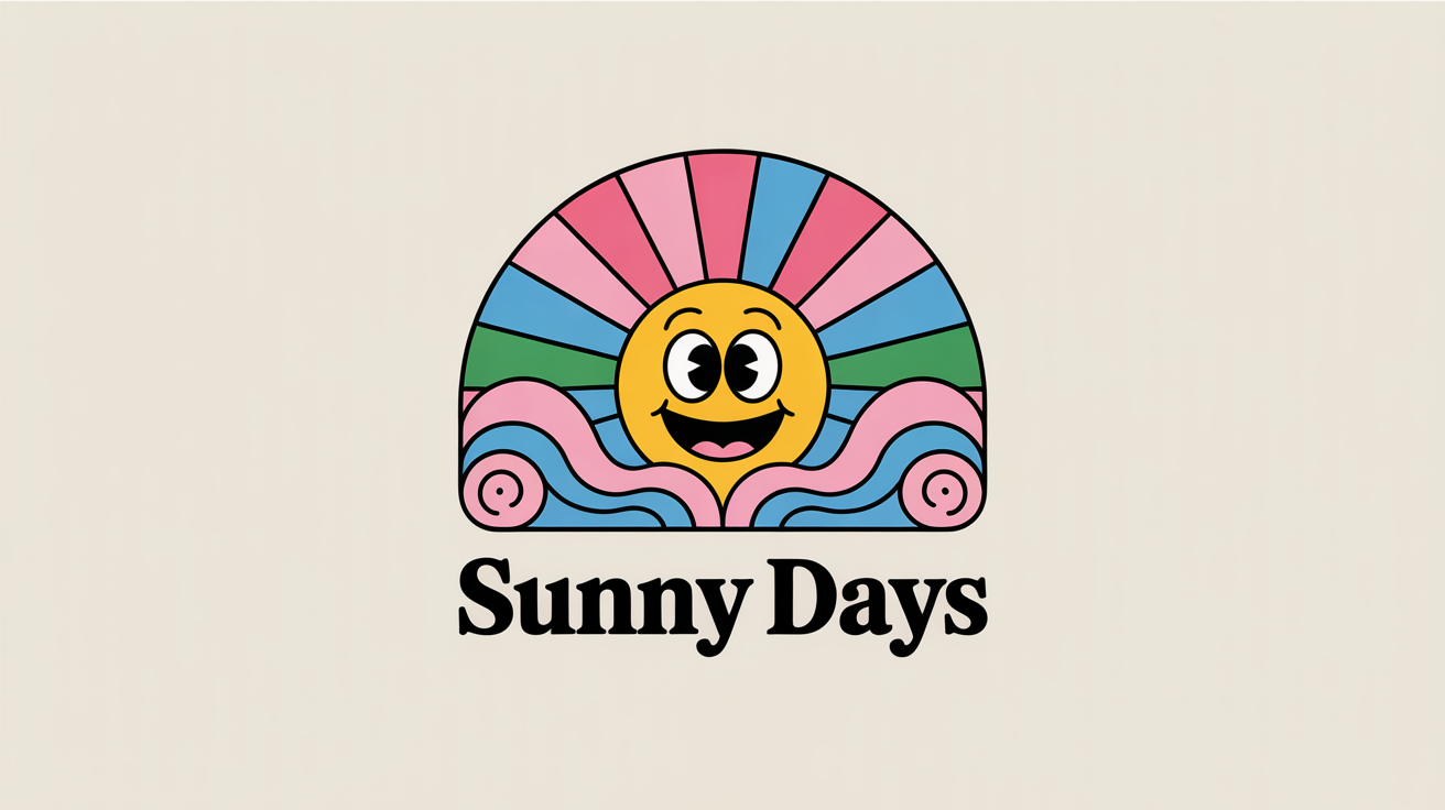 A professionally designed playful logo featuring a smiling yellow sun with colorful rays and pastel clouds. Below the image, the words 'Sunny Days' are written in a friendly font, all on a clean, light background.
