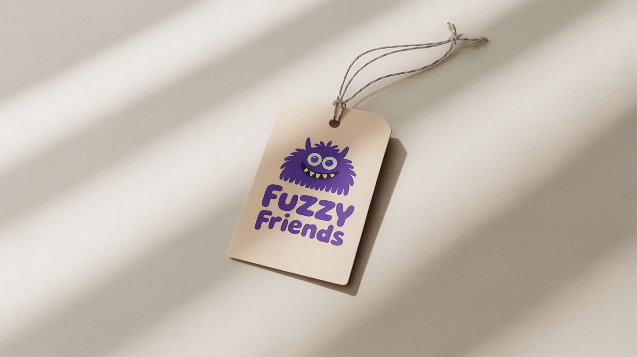 A playful logo featuring a cute, smiling monster and the words 'Fuzzy Friends', mocked up on a product tag against a clean white background.