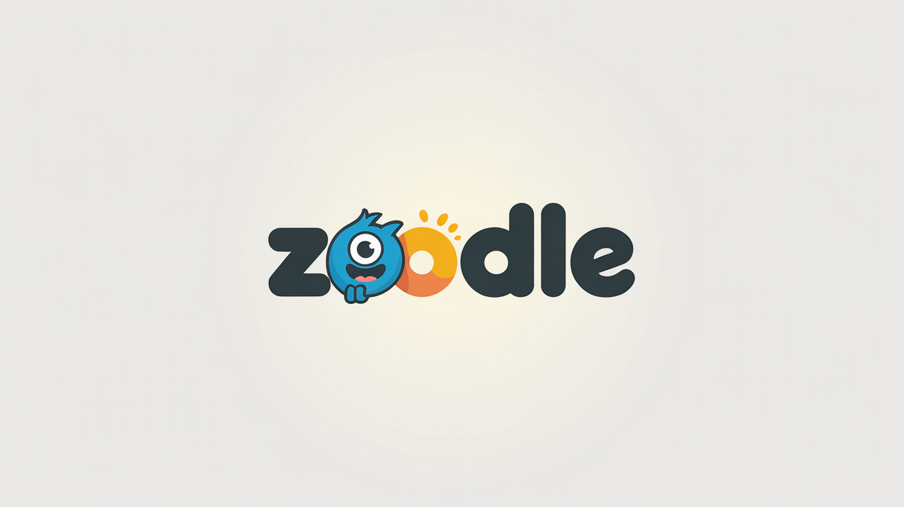 A playful logo for a fictional brand, 'Zoodle', featuring a cute blue cartoon monster peeking from behind the colorful text on a white background.