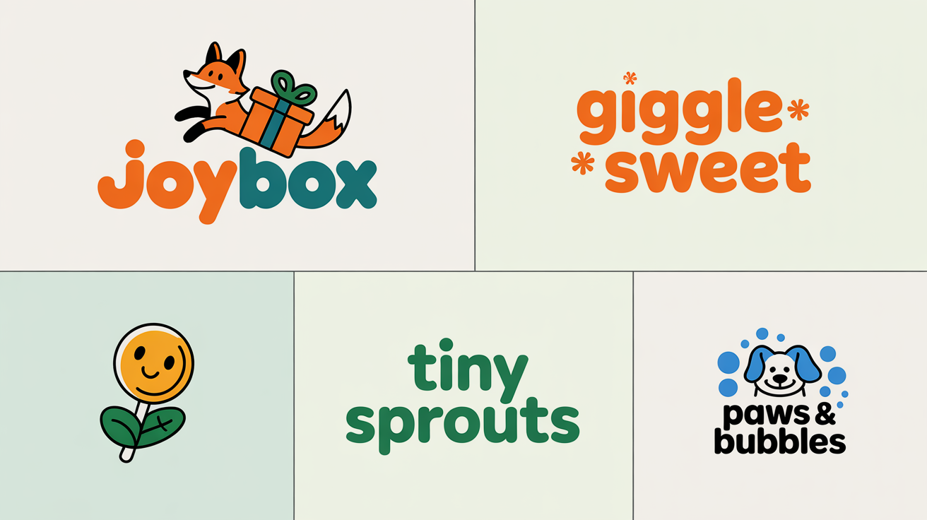 A vibrant collection of four playful, modern logos for fictional brands, arranged in a grid on a white background, showcasing fun and creative design concepts.