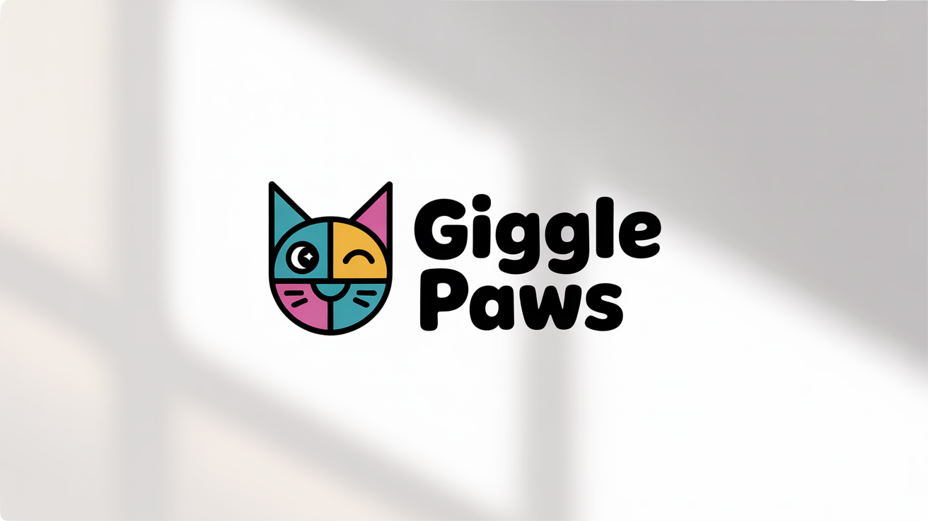 A playful logo for a brand named 'Giggle Paws', featuring a winking cartoon cat in teal and yellow next to the brand name in a bubbly font, all on a white background.