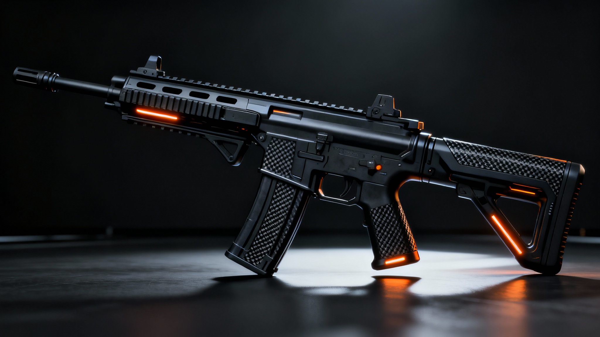 A highly detailed 3D render of a futuristic black assault rifle with glowing orange accents, presented in a professional studio setting against a dark background.