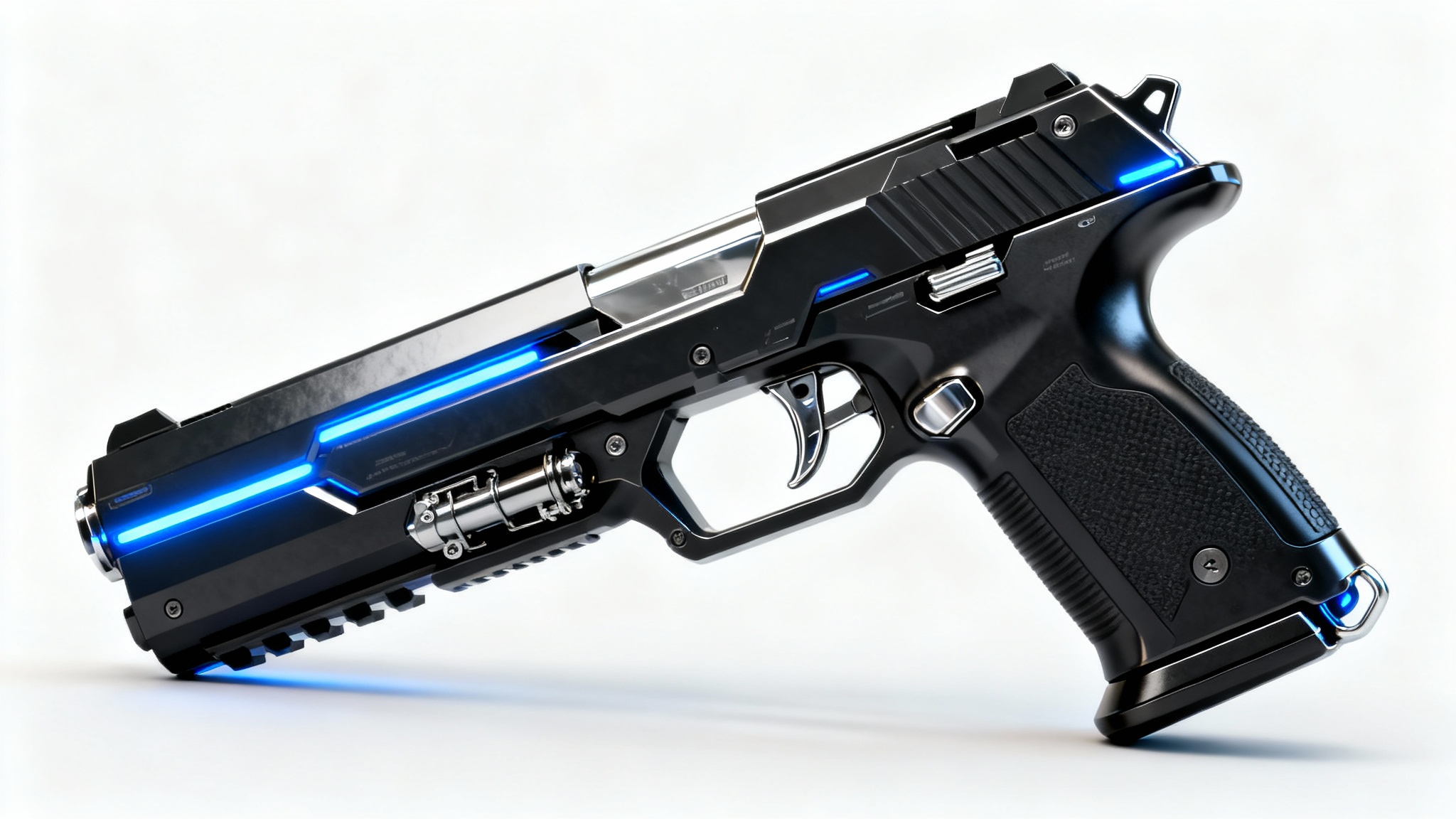 A hyper-realistic 3D render of a futuristic sci-fi pistol with blue glowing accents, showcased in a product shot style against a clean white background.