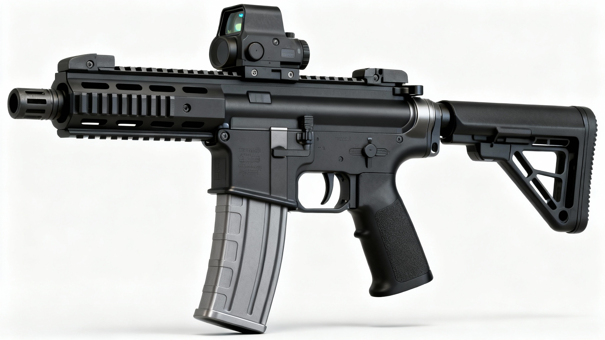 A hyperrealistic 3D render of a modern, futuristic assault rifle with a holographic sight, displayed against a clean white background.