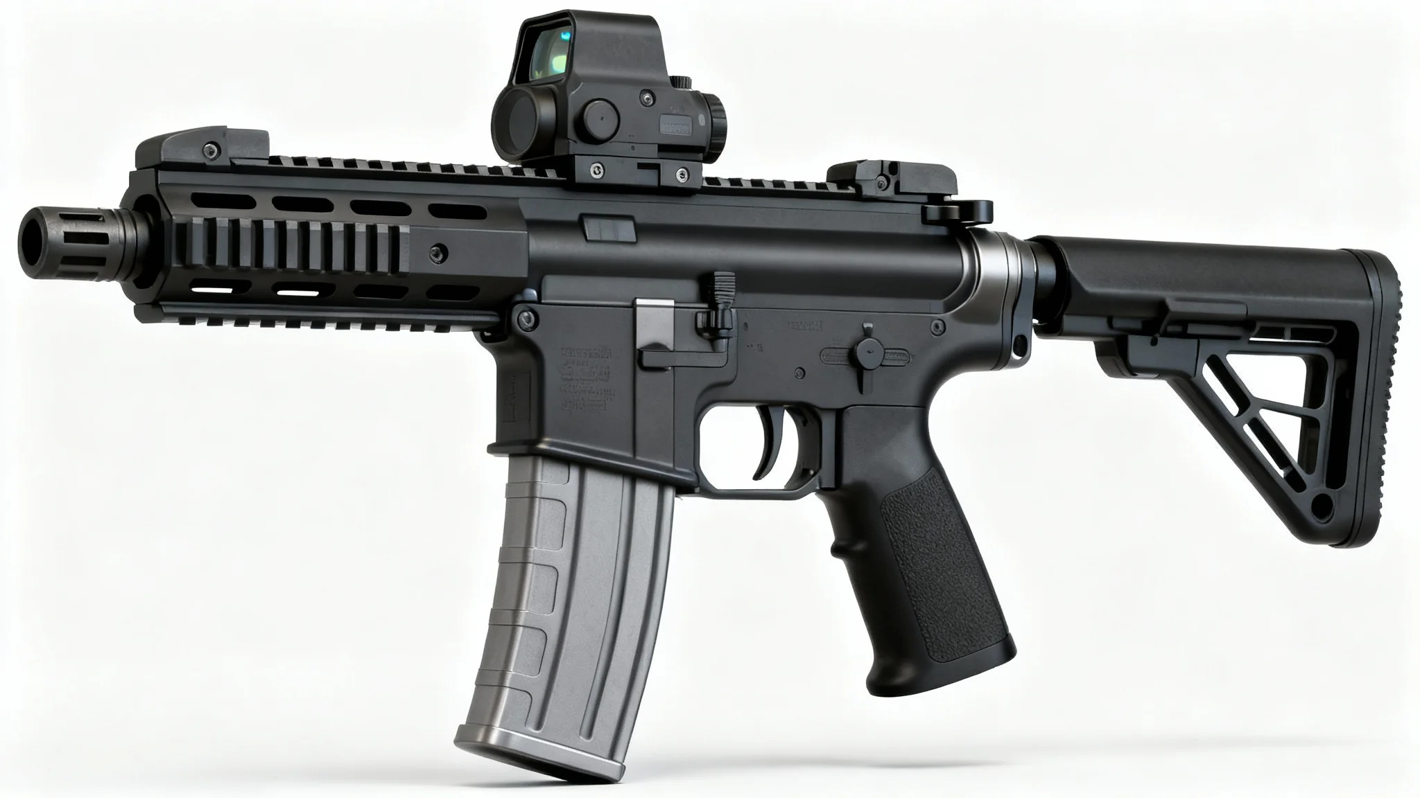 A hyperrealistic 3D render of a modern, futuristic assault rifle with a holographic sight, displayed against a clean white background.